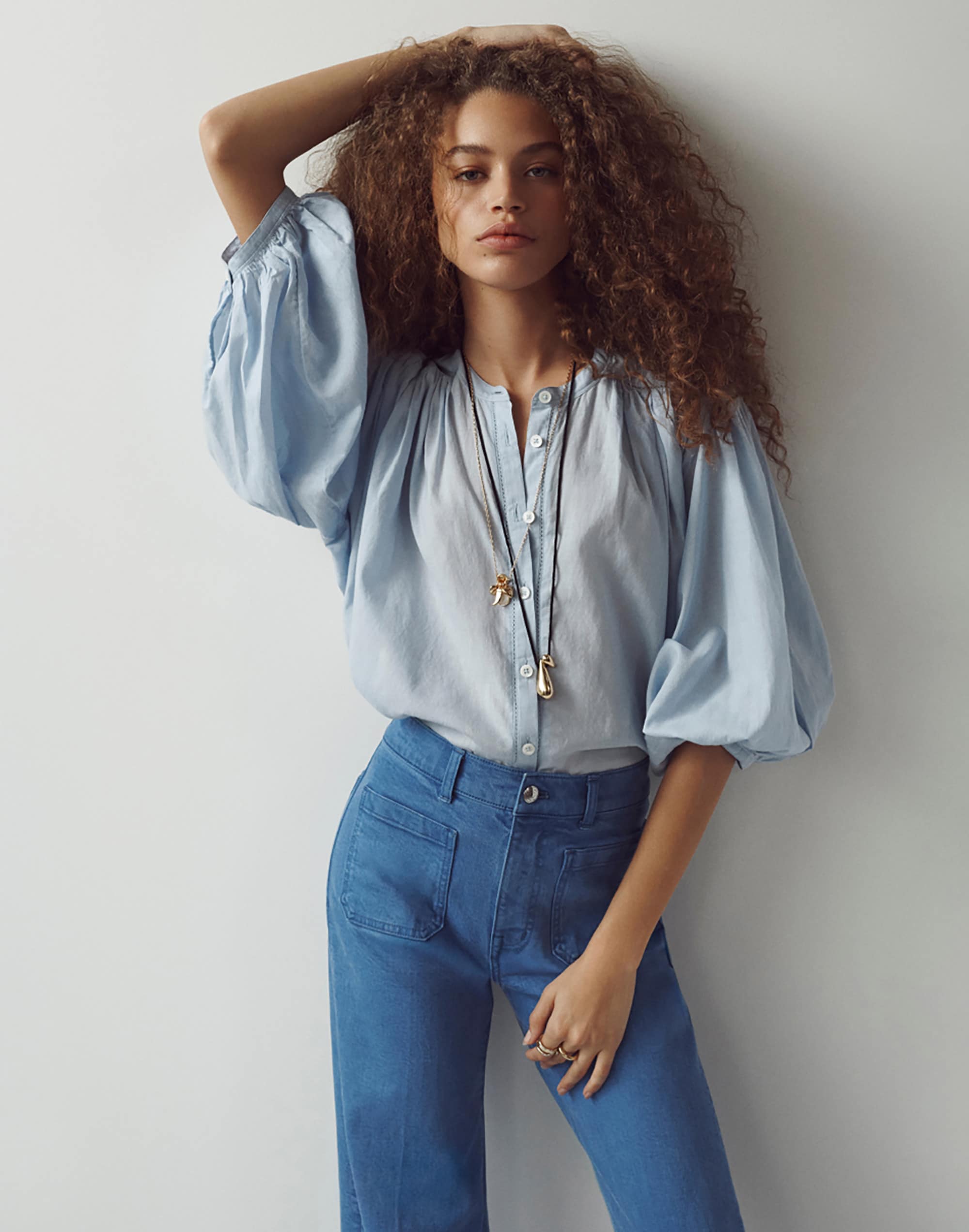 Shirred Crewneck Button-Up Top