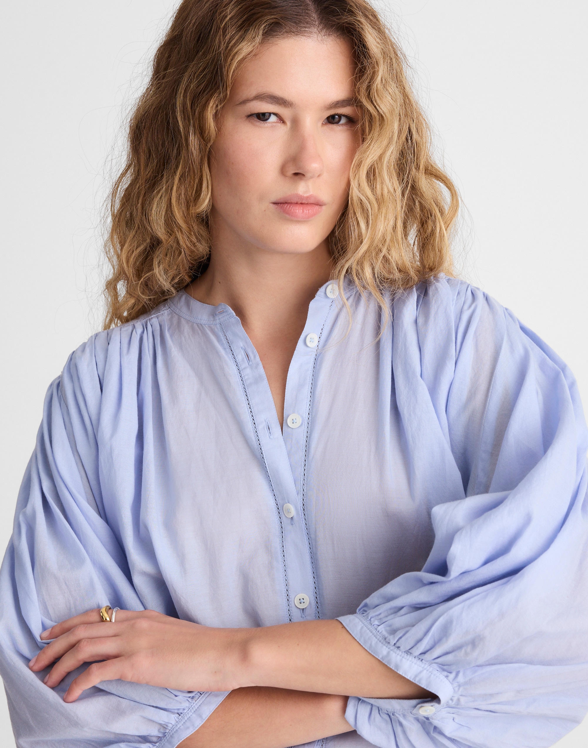 Shirred Crewneck Button-Up Top