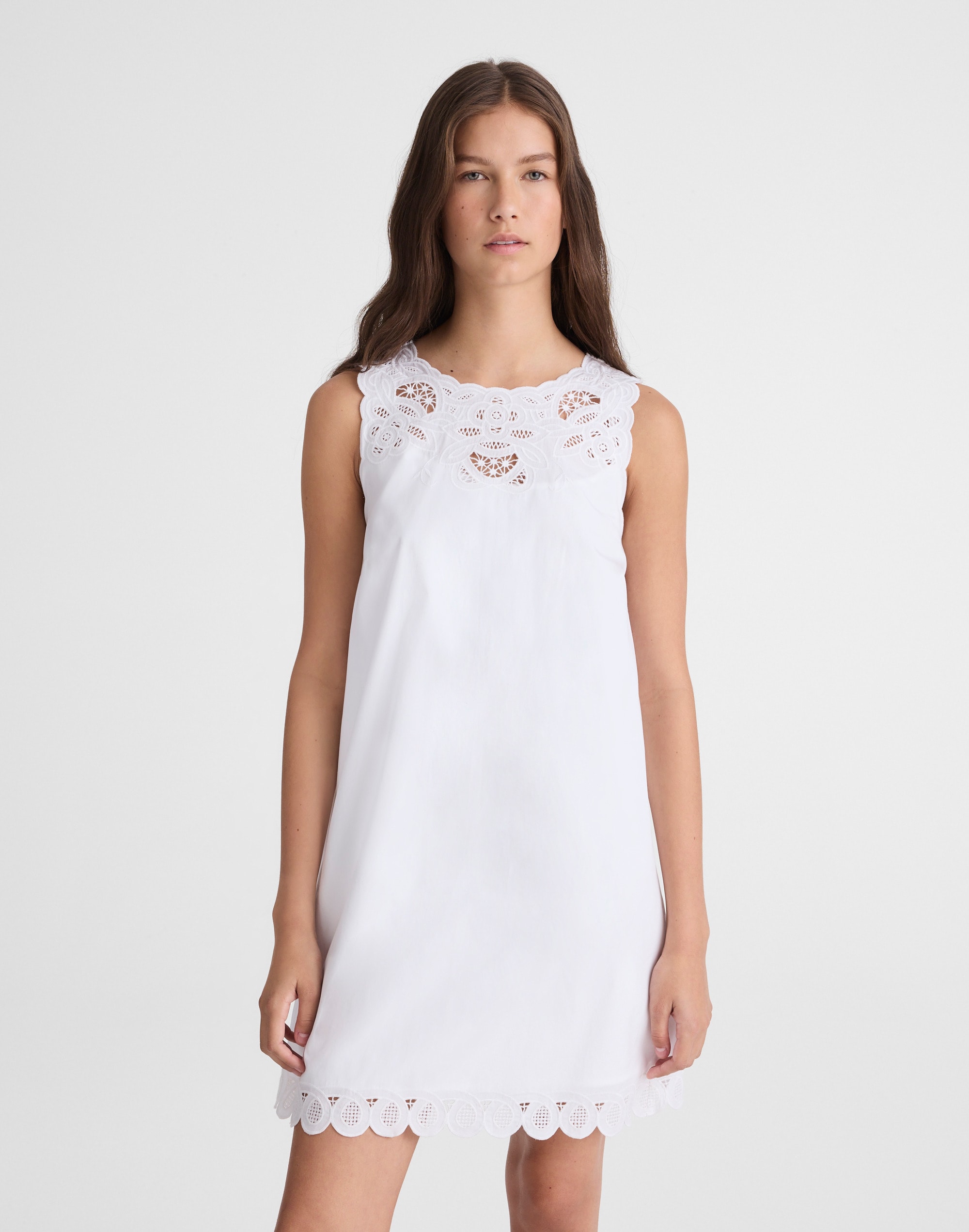 Embroidered Mini Shift Dress in Poplin