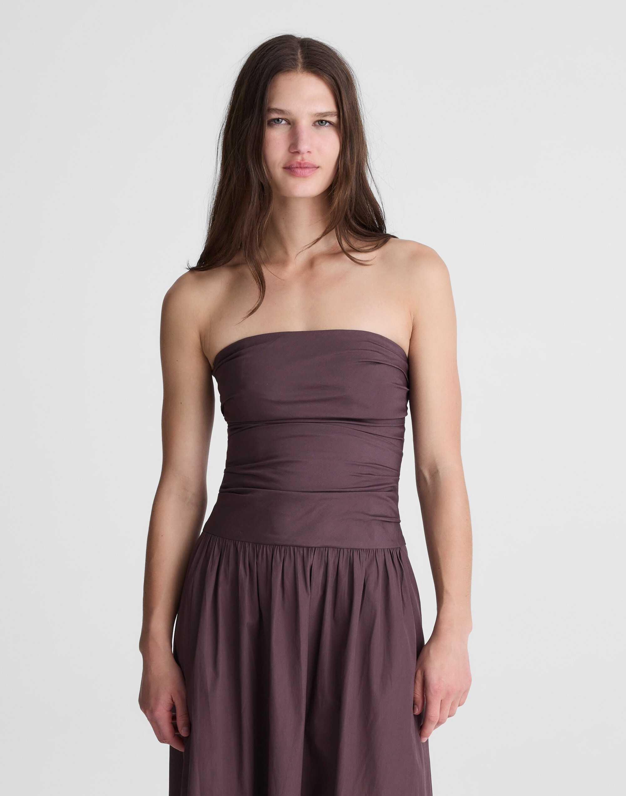 Strapless Ruched Midi Dress in Poplin