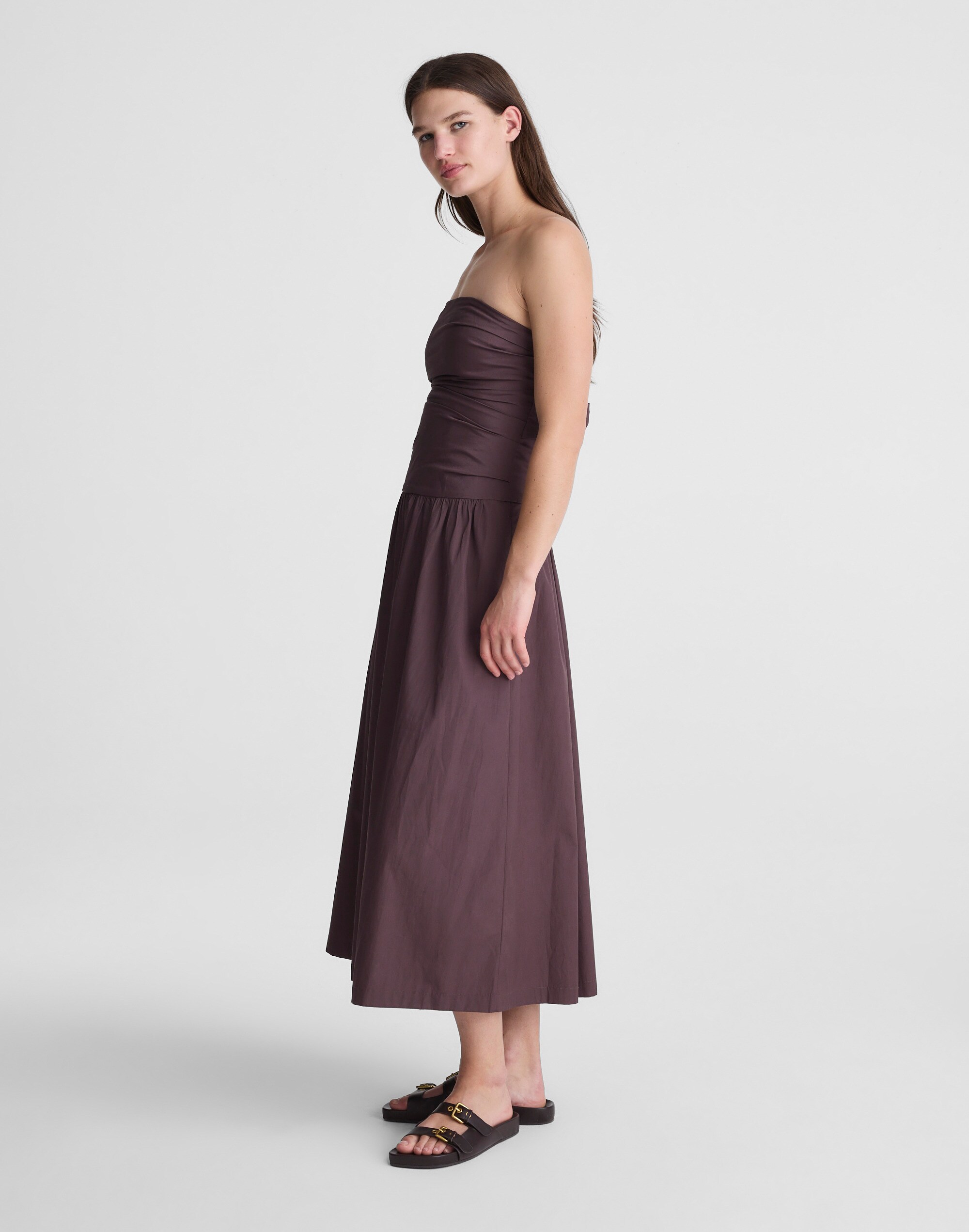 Strapless Ruched Midi Dress in Poplin