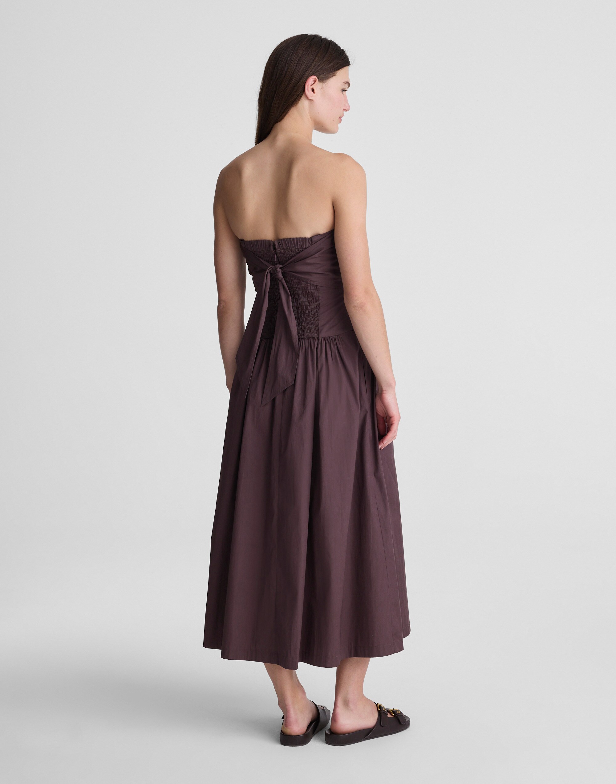 Strapless Ruched Midi Dress in Poplin