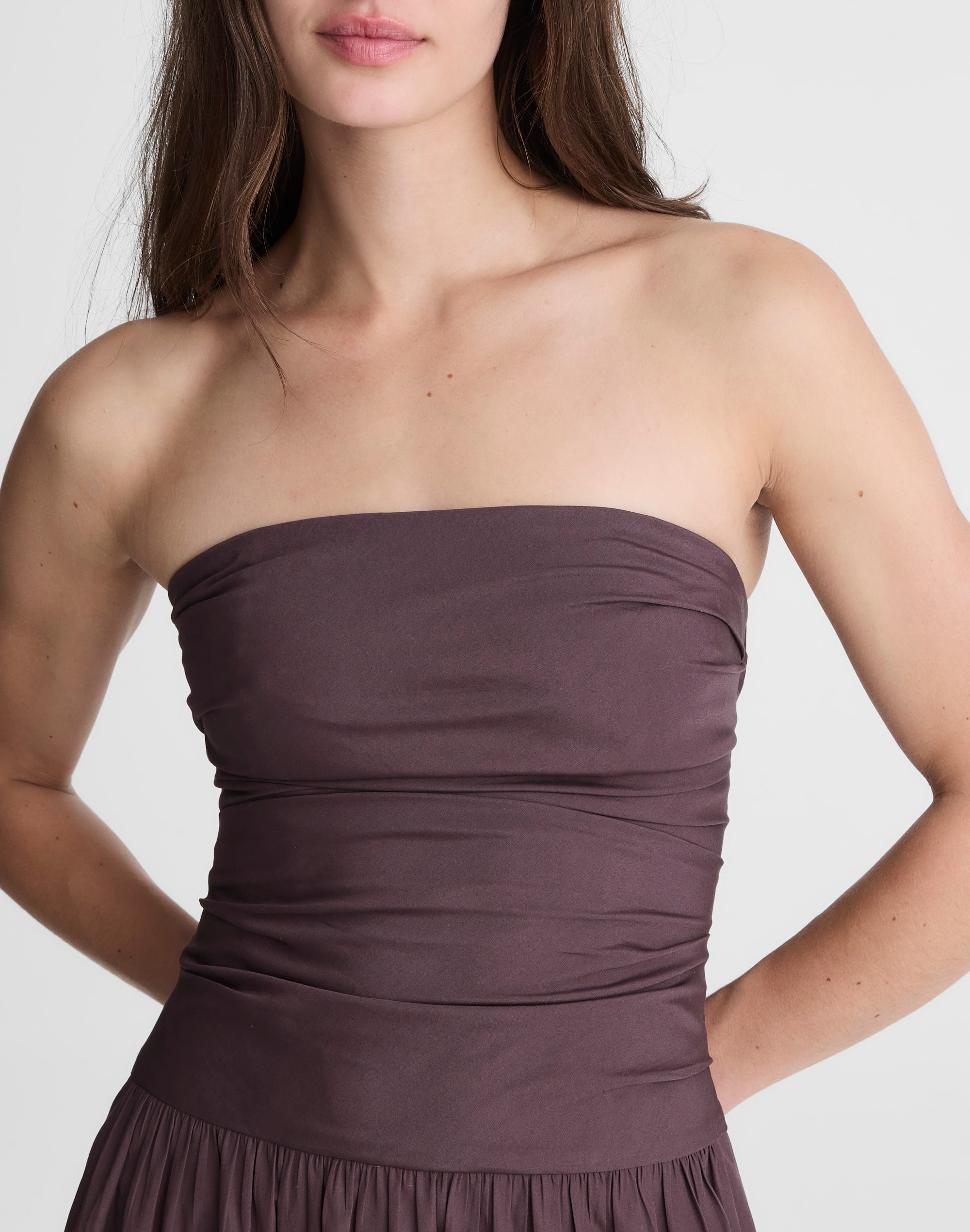 Strapless Ruched Midi Dress in Poplin