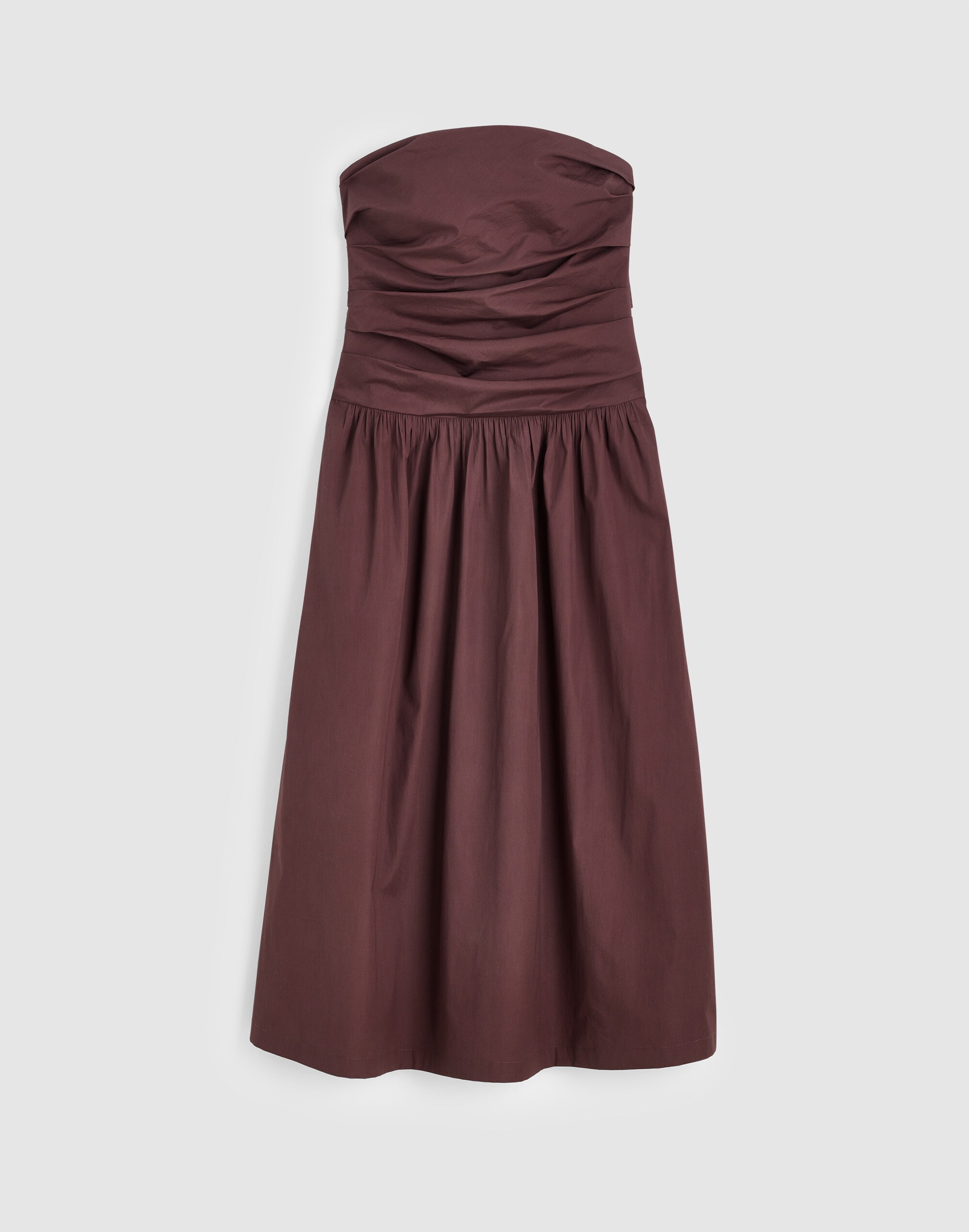 Strapless Ruched Midi Dress in Poplin