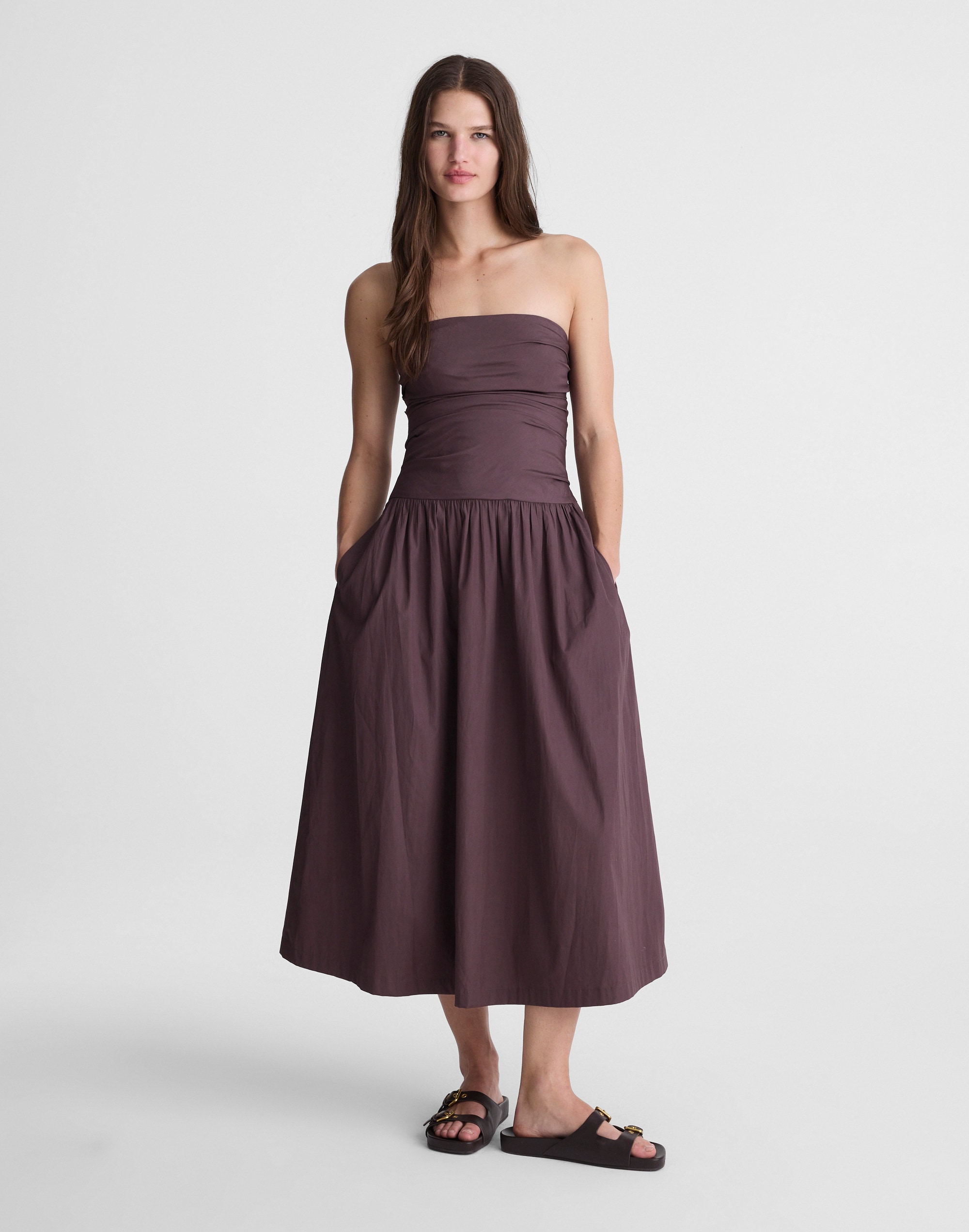 Strapless Ruched Midi Dress in Poplin