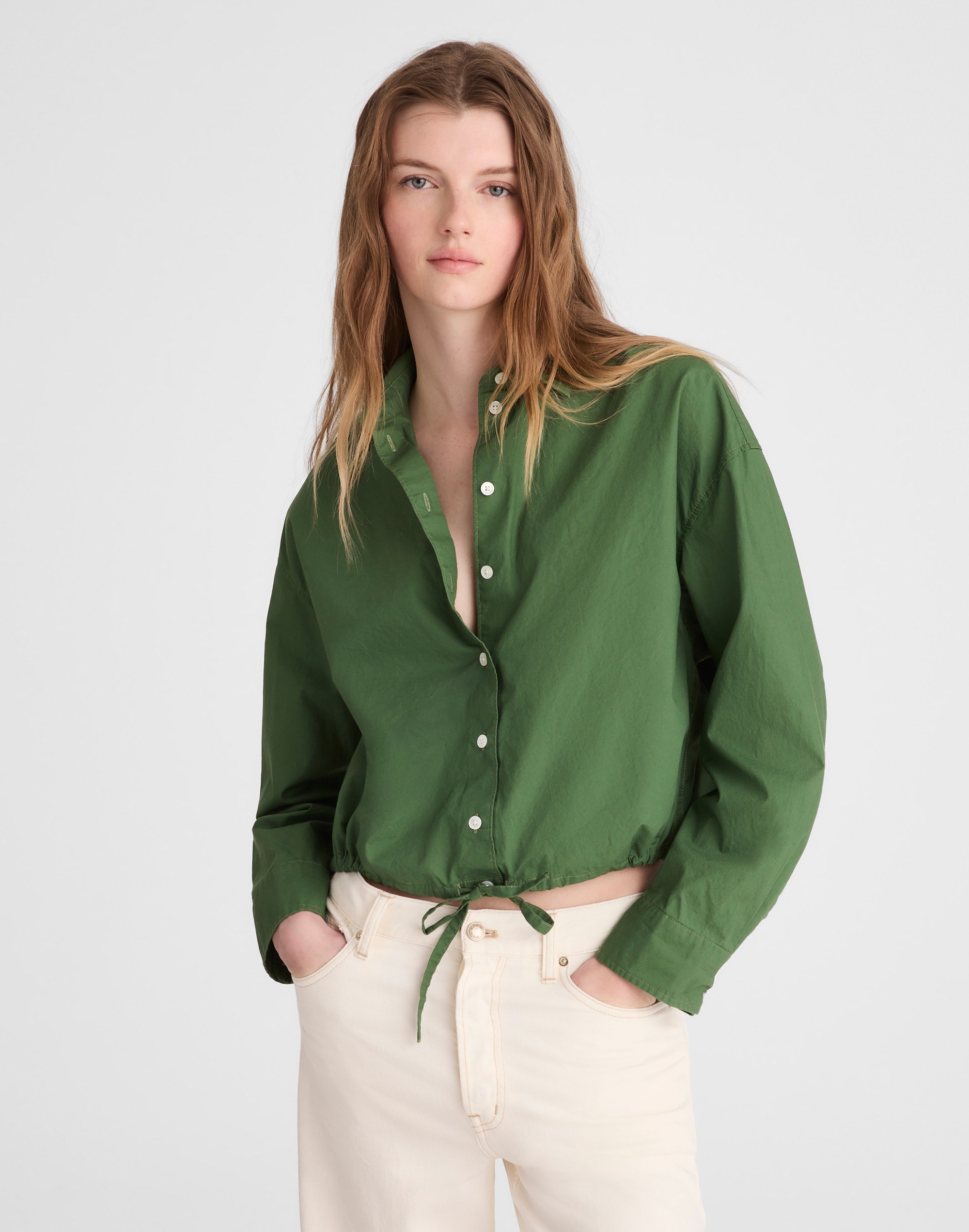Drawstring Button-Up Shirt in Poplin