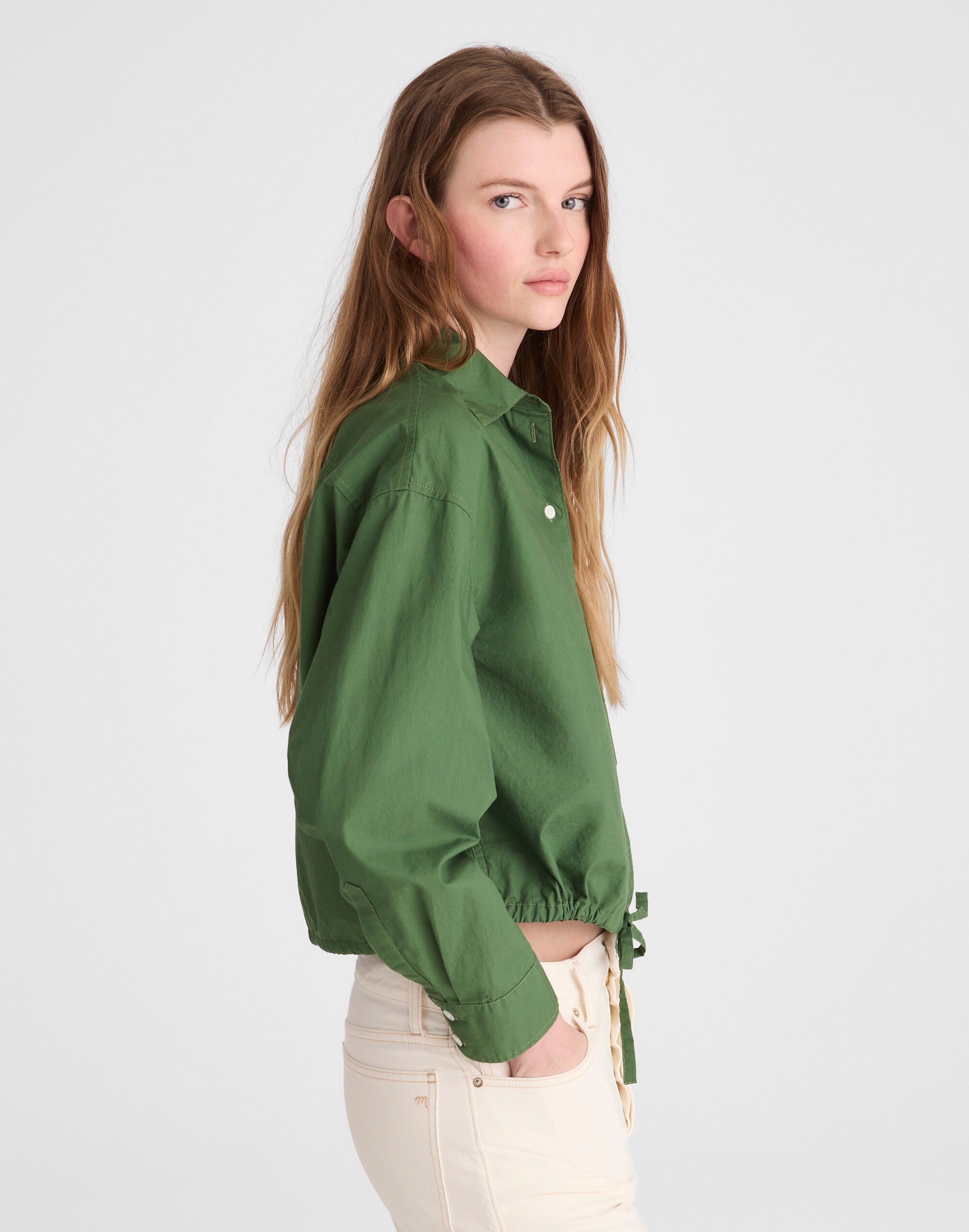 Drawstring Button-Up Shirt in Poplin
