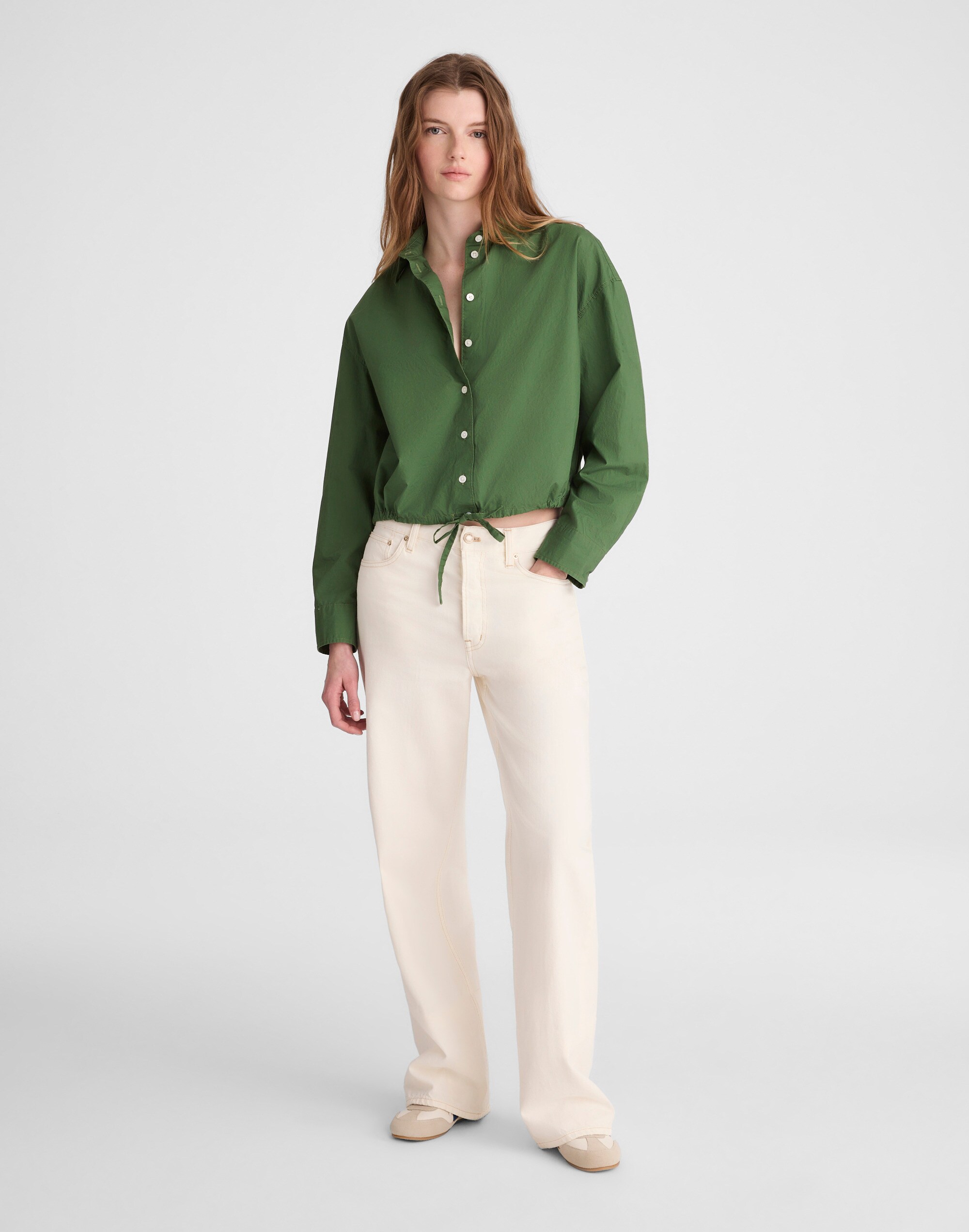 Drawstring Button-Up Shirt in Poplin