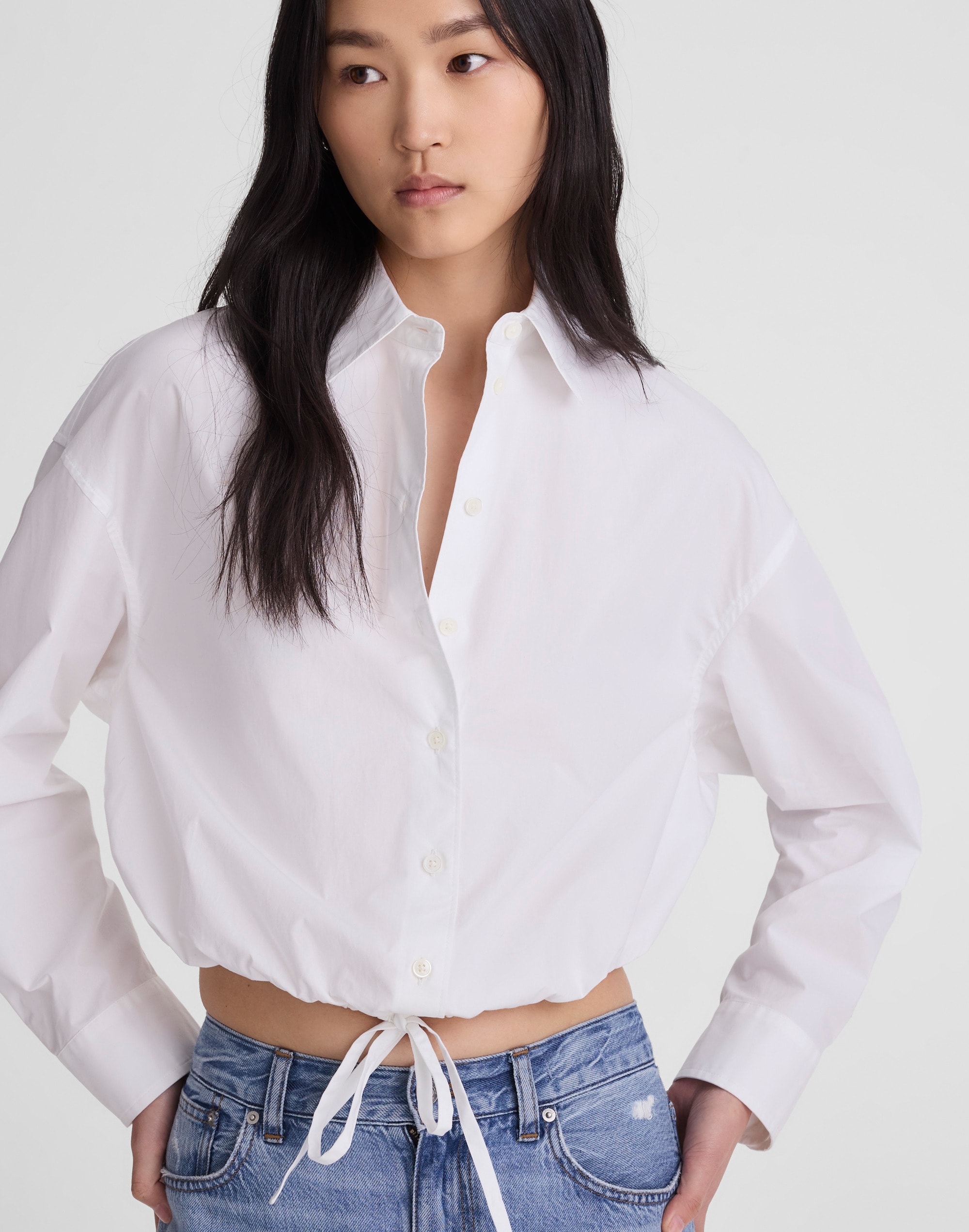Drawstring Button-Up Shirt in Poplin