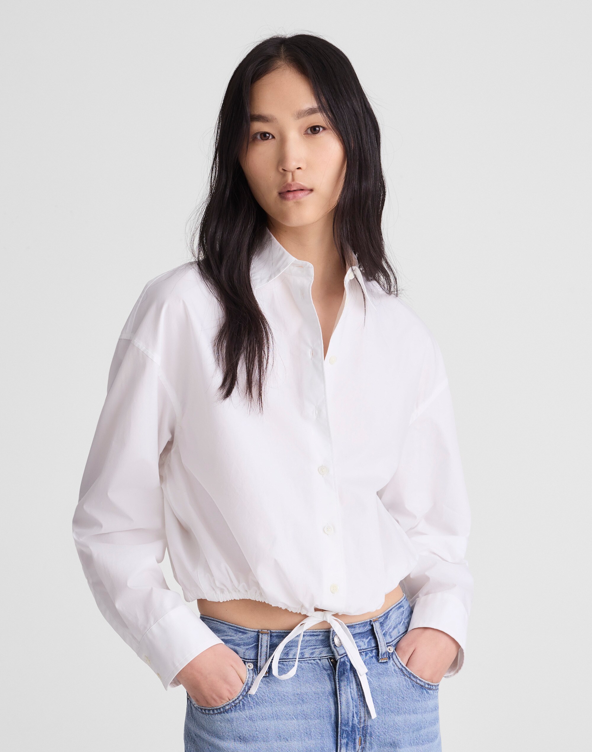 Drawstring Button-Up Shirt in Poplin