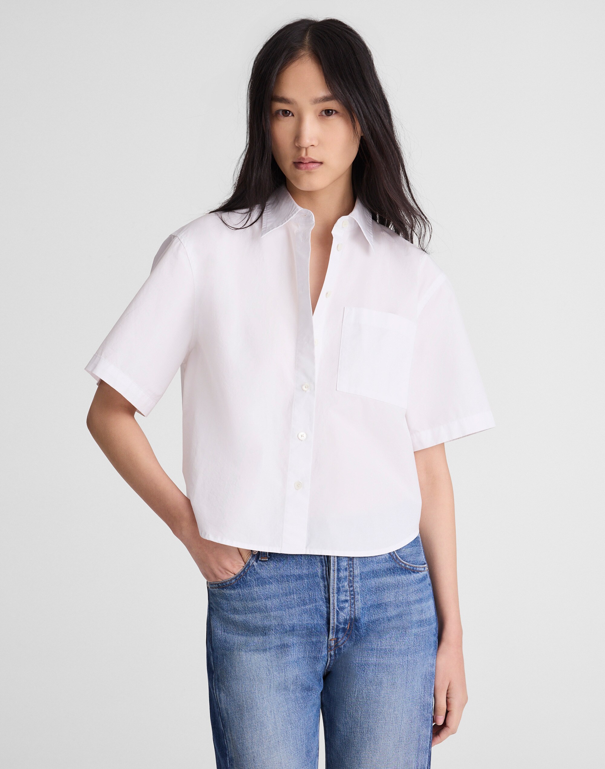 Straight-Hem Short-Sleeve Shirt in Poplin