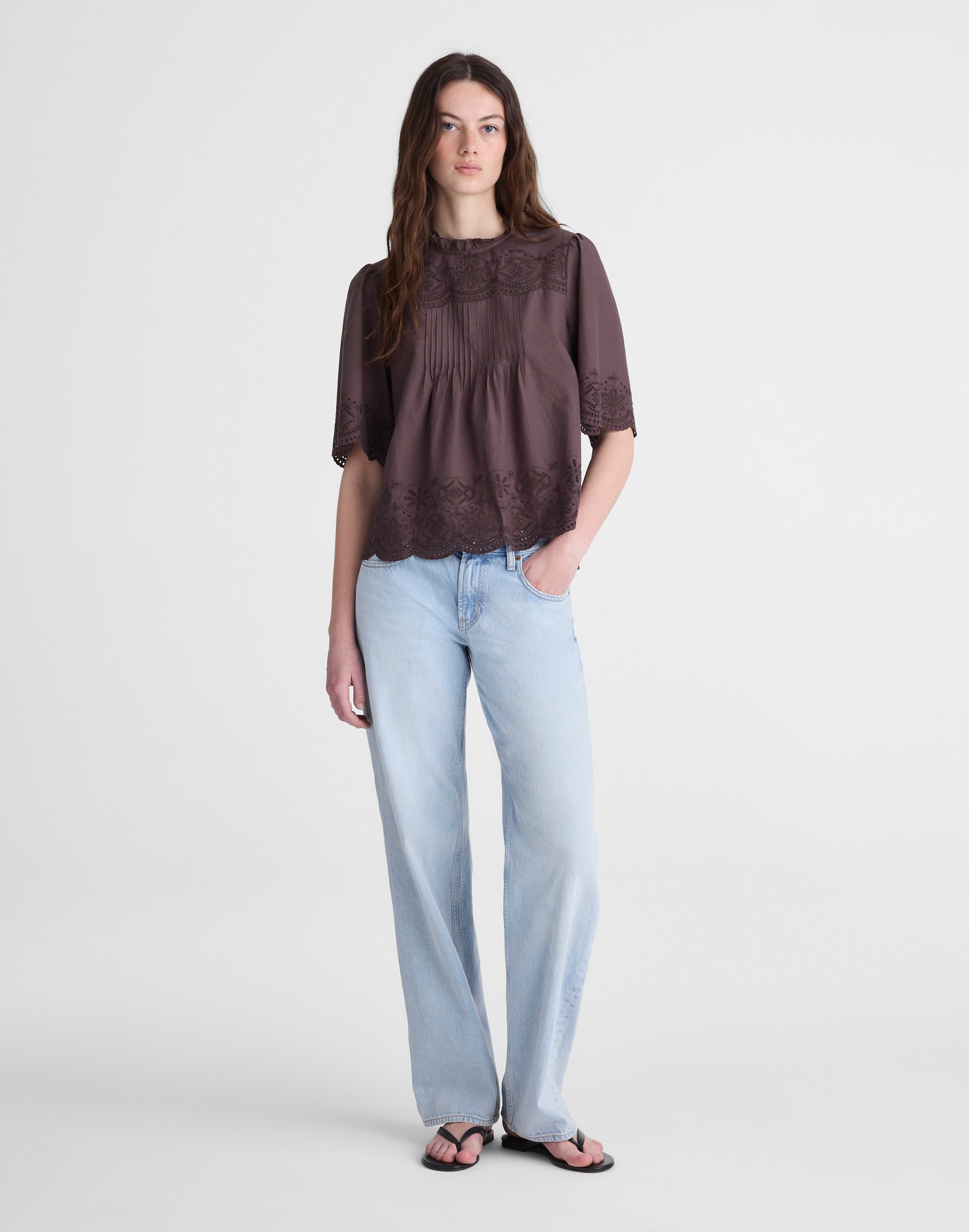 Embroidered Pintuck High-Neck Top