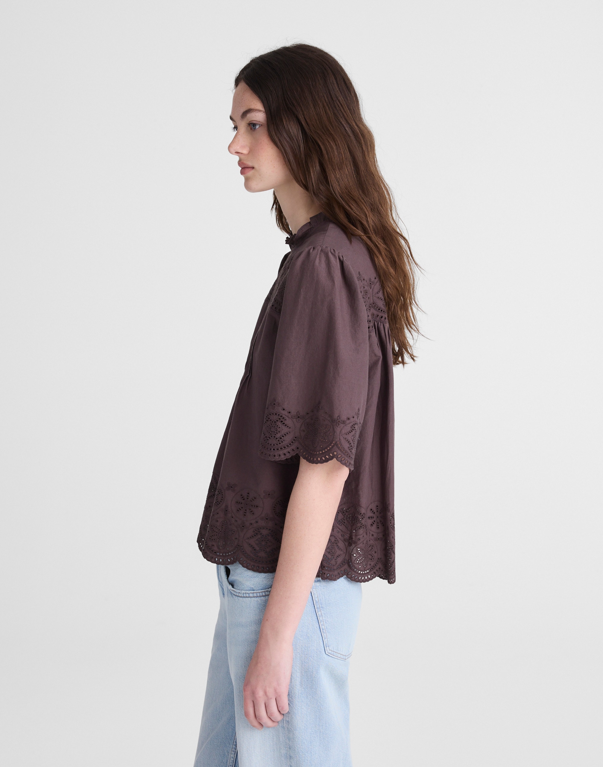 Embroidered Pintuck High-Neck Top