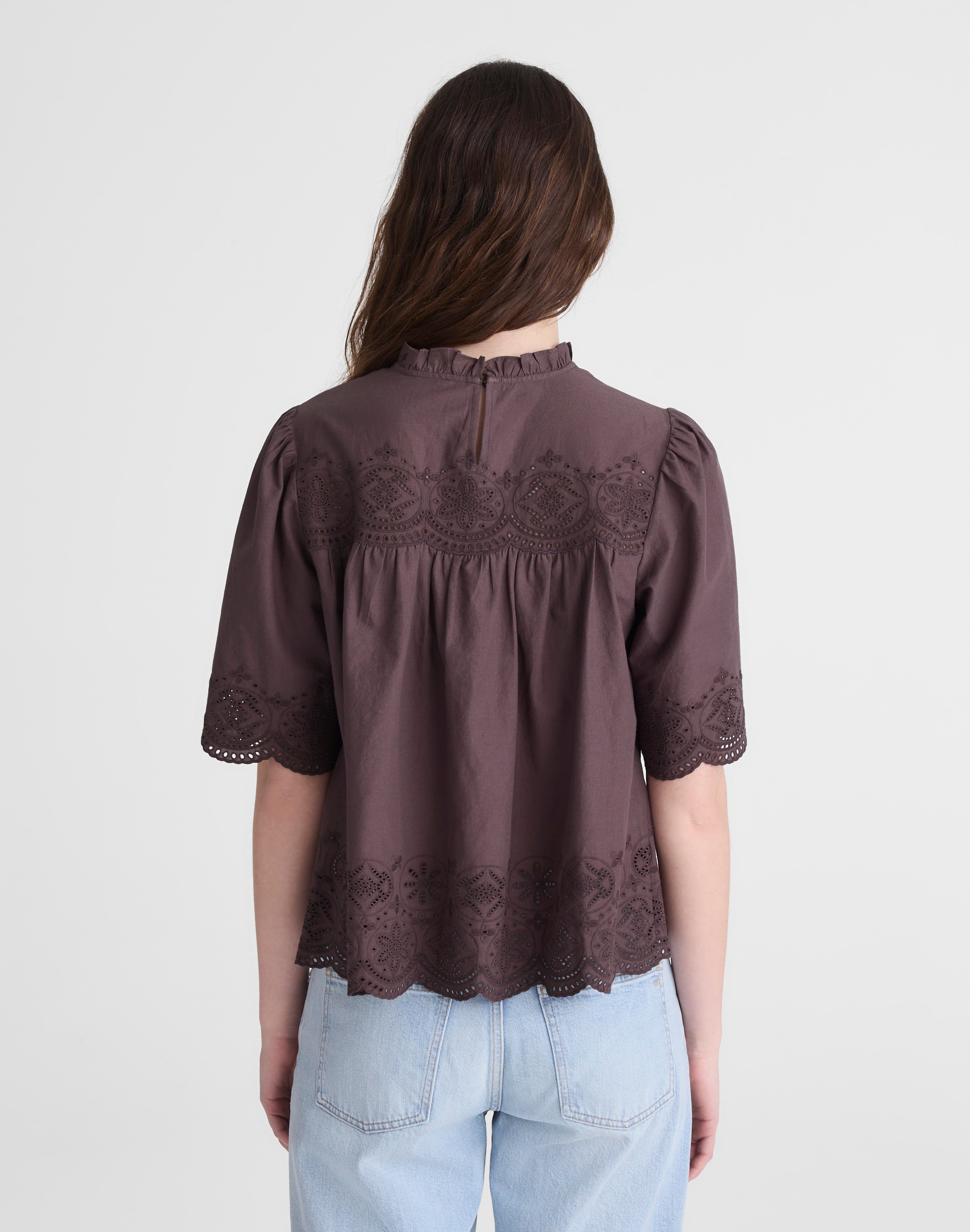 Embroidered Pintuck High-Neck Top