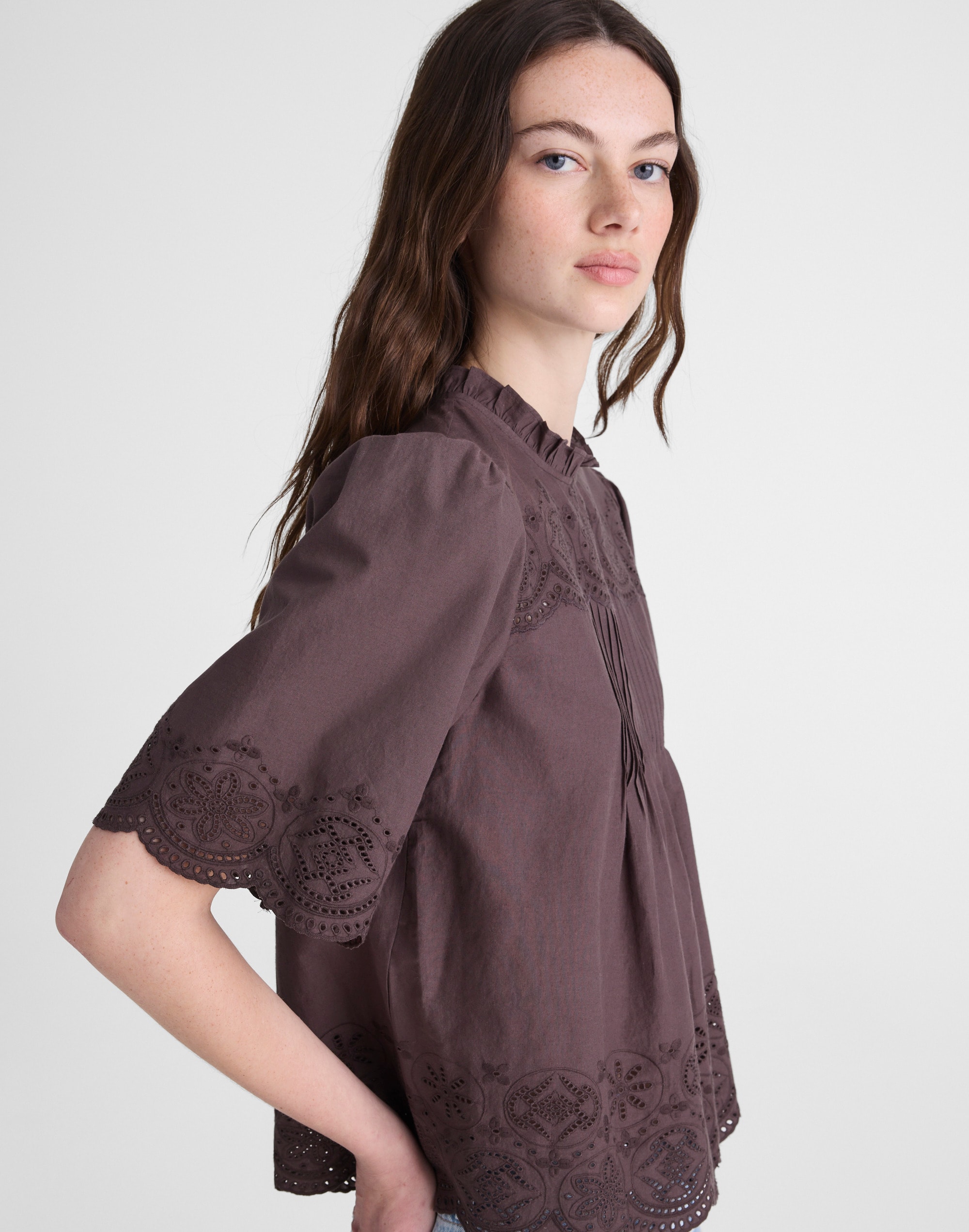 Embroidered Pintuck High-Neck Top