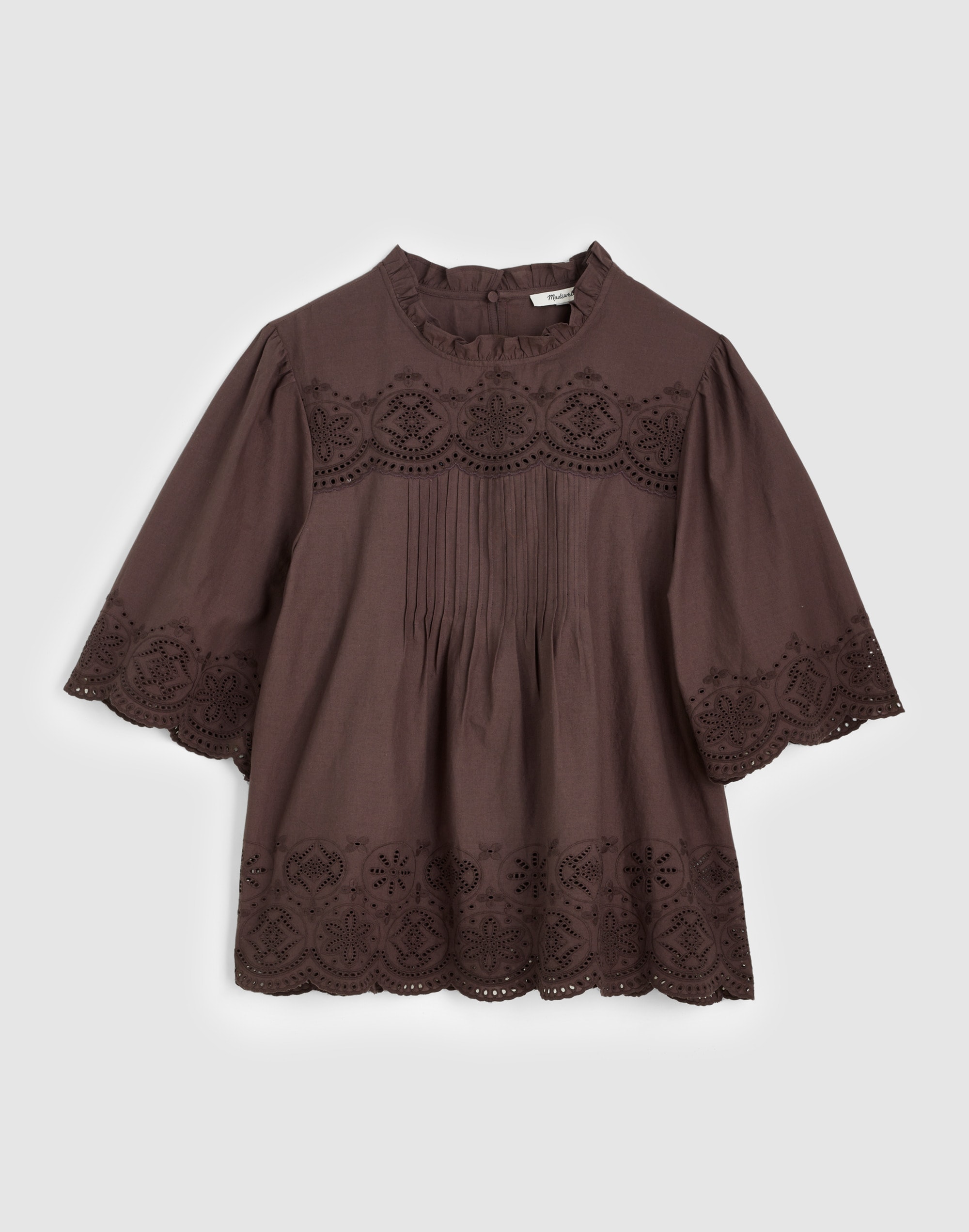 Embroidered Pintuck High-Neck Top