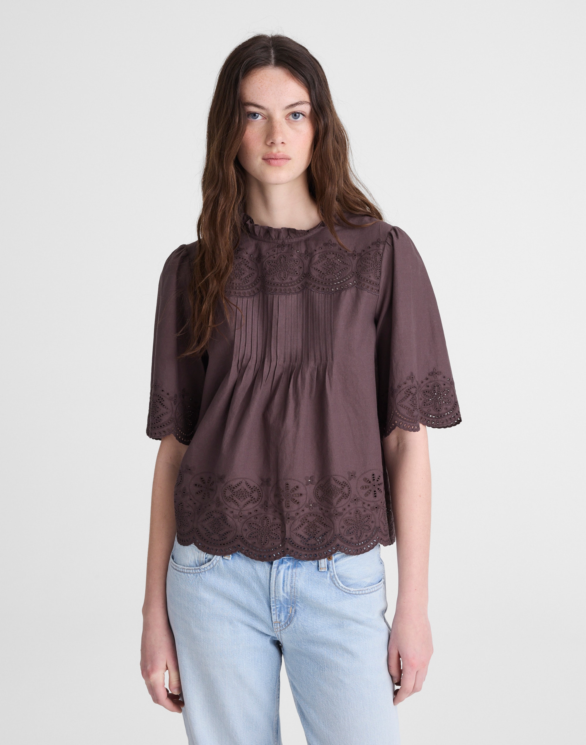 Madewell Embroidered Pintuck High-neck Top In Purple