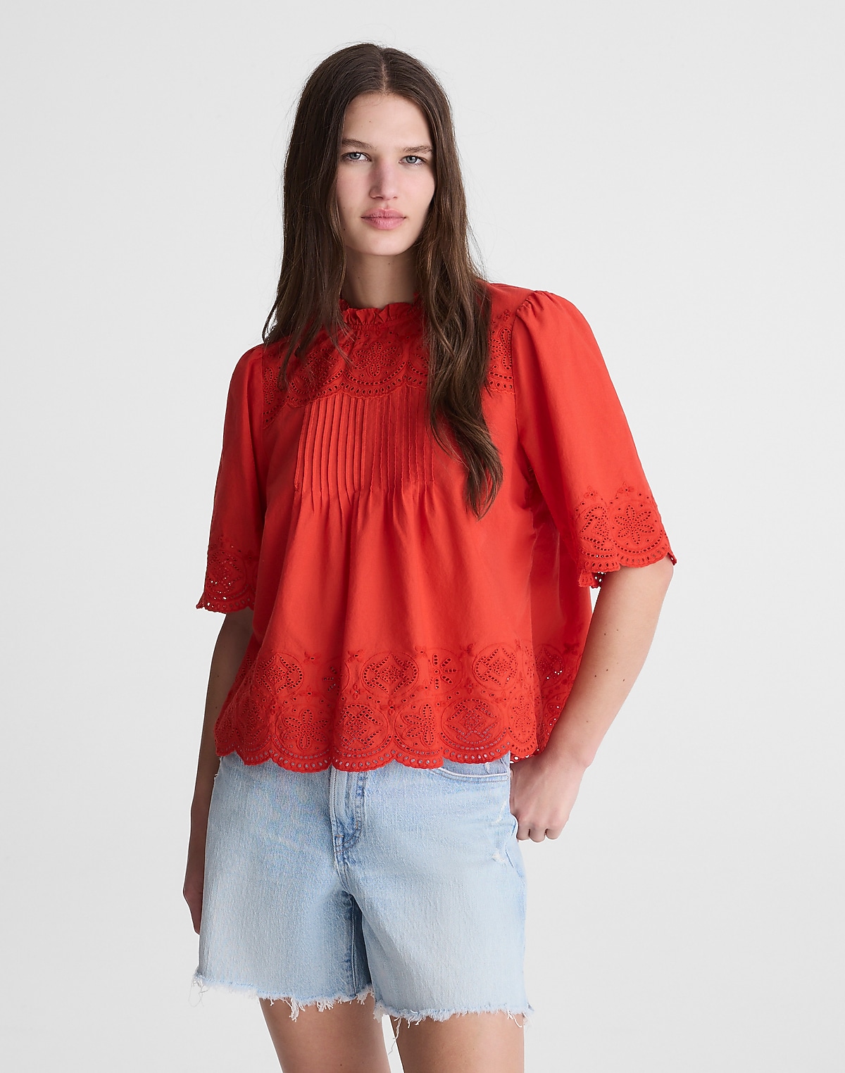 Embroidered Pintuck High-Neck Top