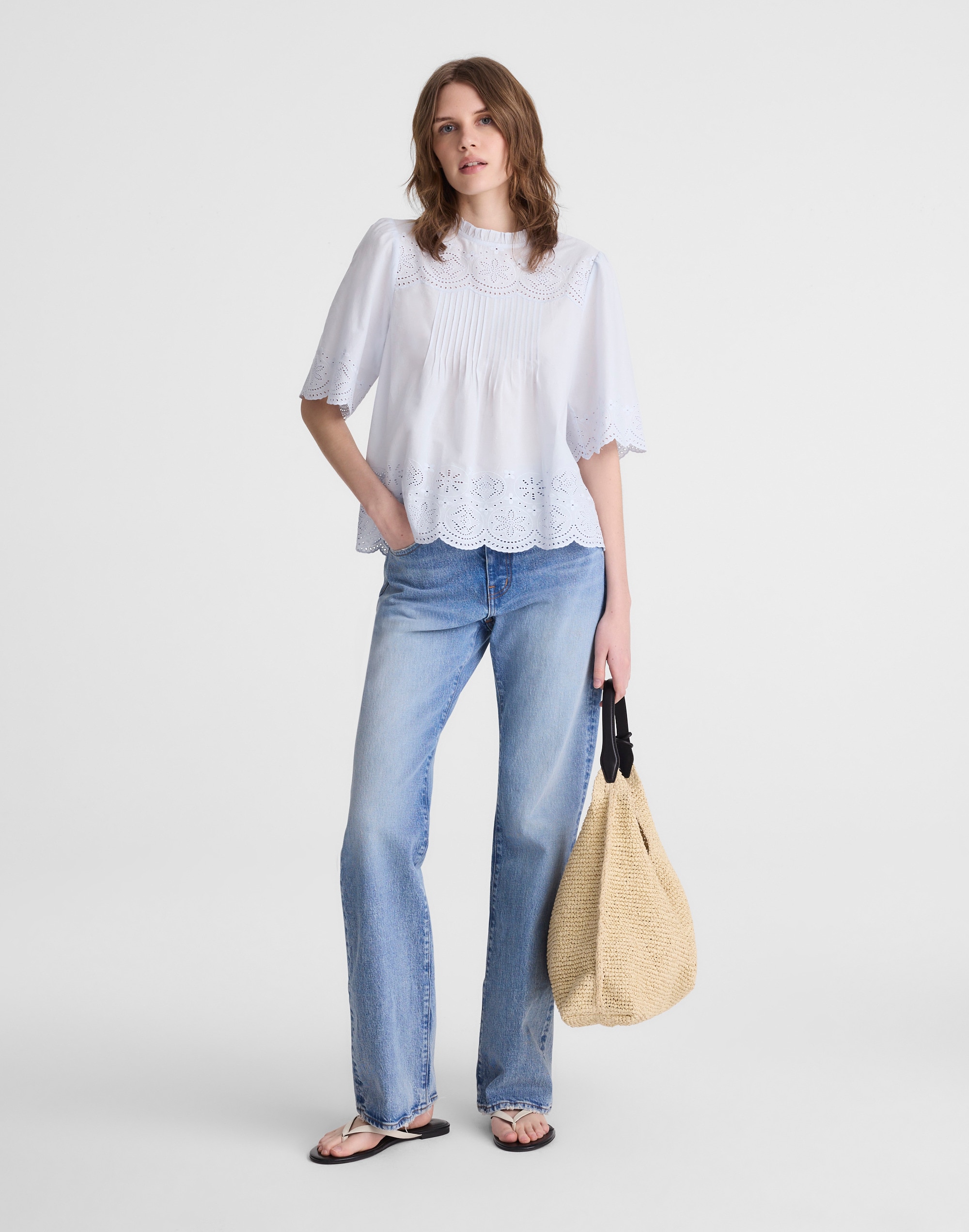 Embroidered Pintuck High-Neck Top