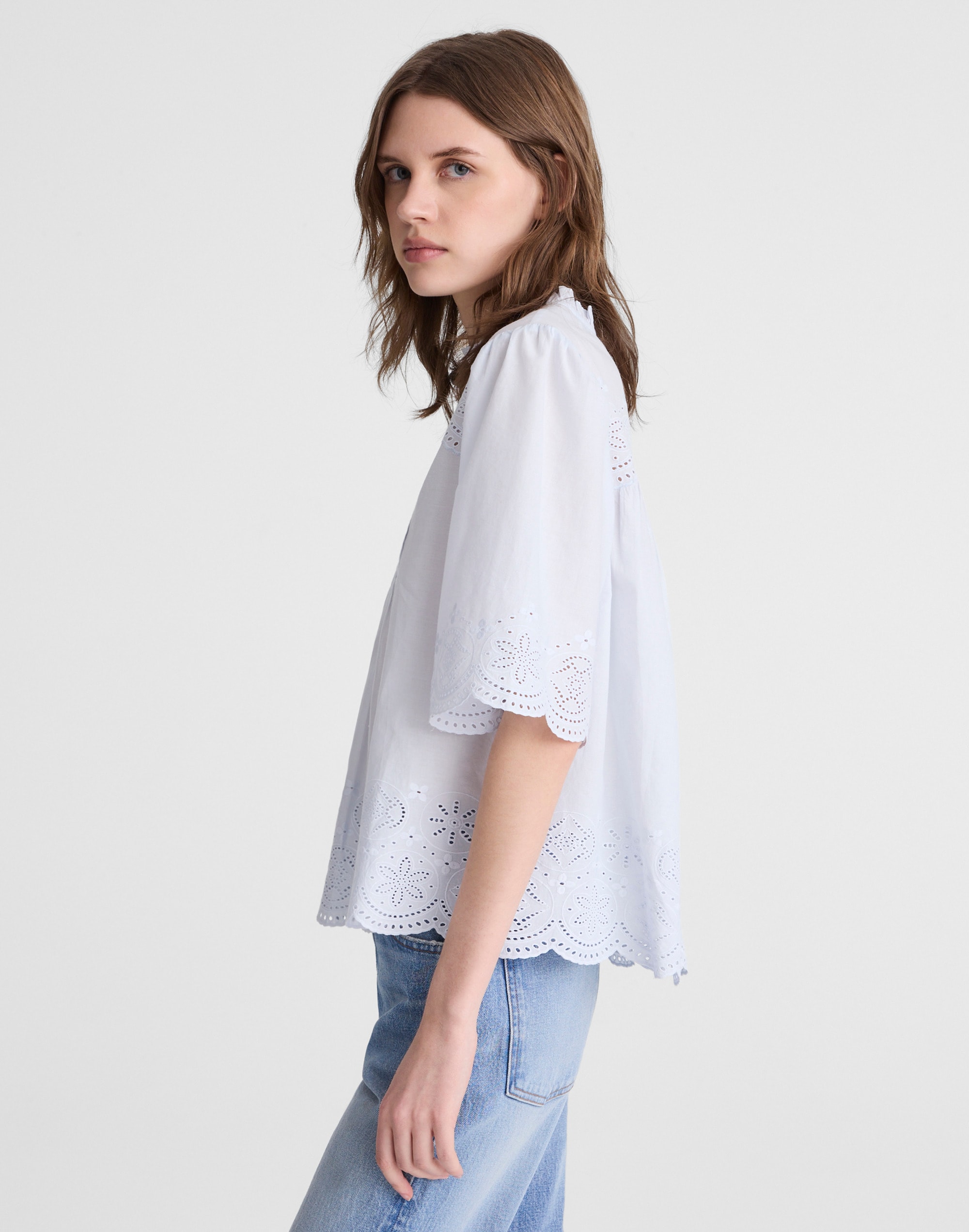 Embroidered Pintuck High-Neck Top