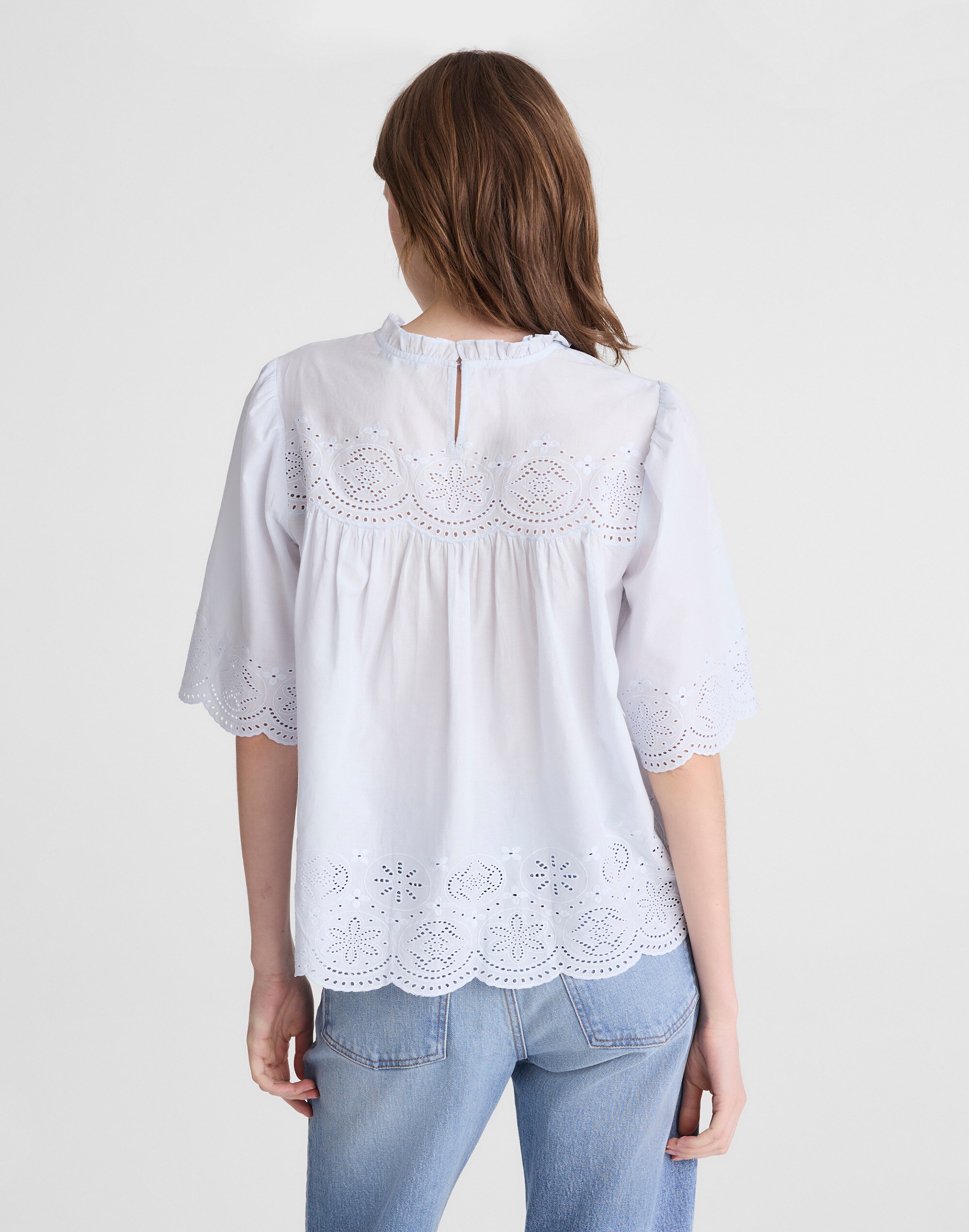 Embroidered Pintuck High-Neck Top