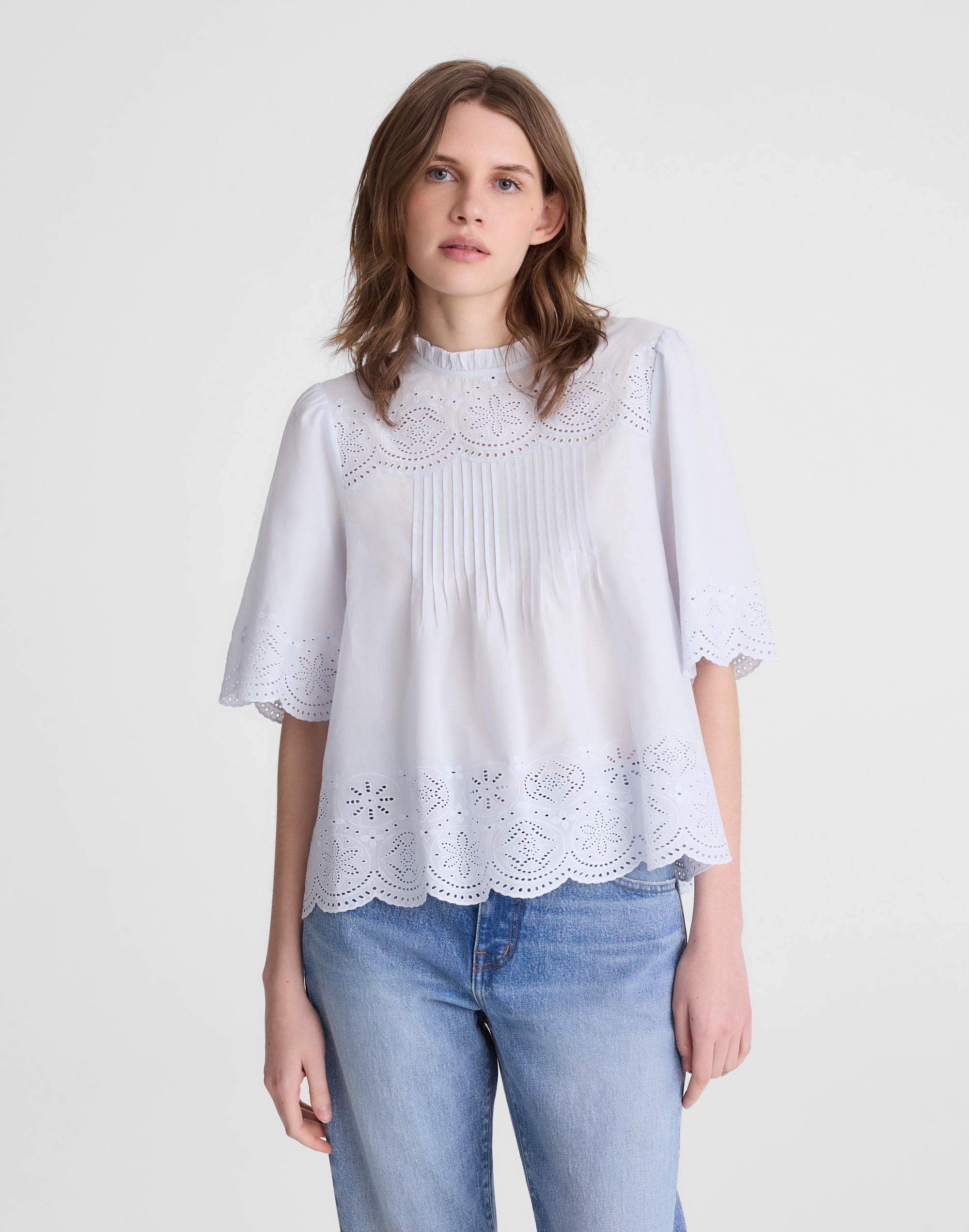 Embroidered Pintuck High-Neck Top