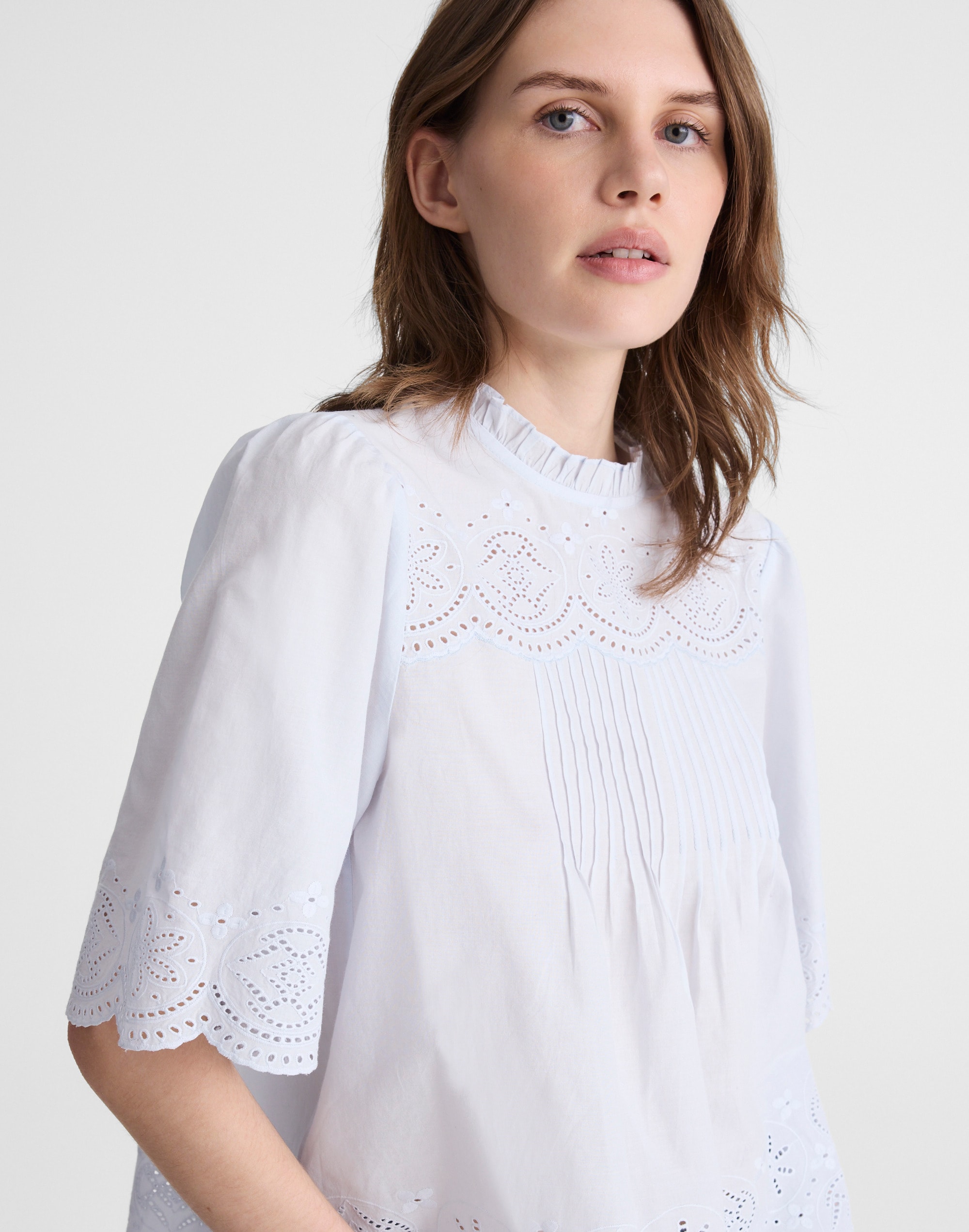 Embroidered Pintuck High-Neck Top