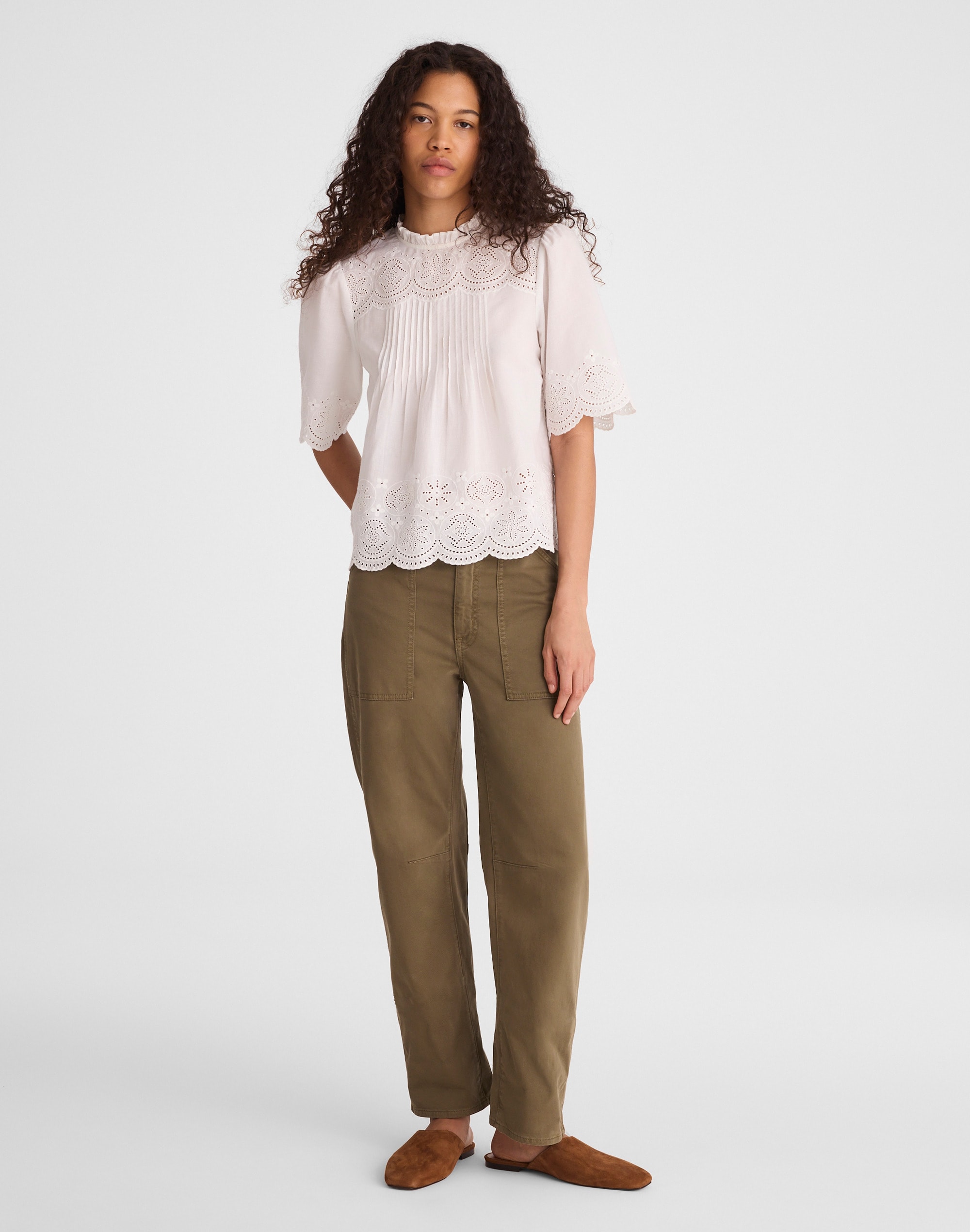 Embroidered Pintuck High-Neck Top