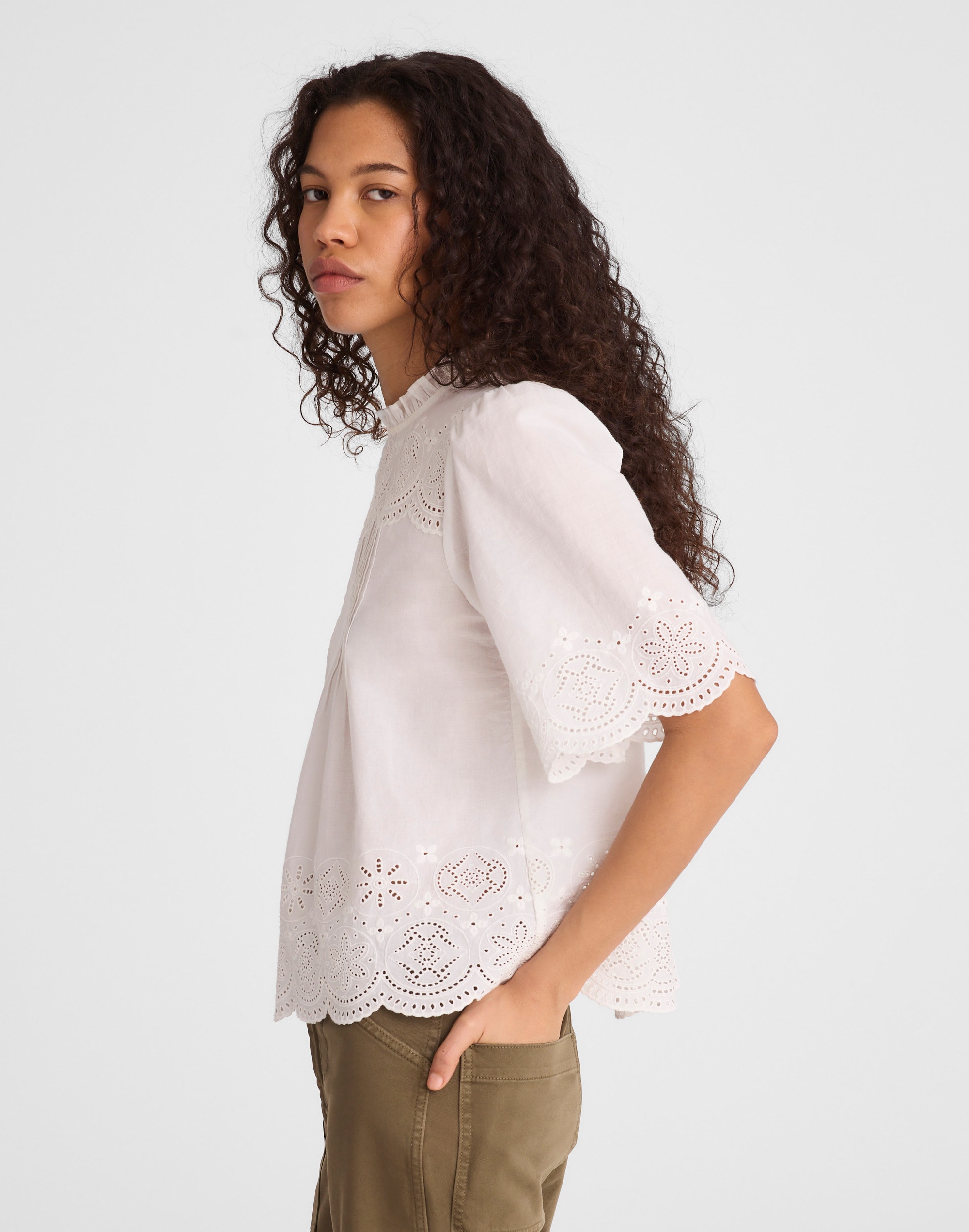 Embroidered Pintuck High-Neck Top
