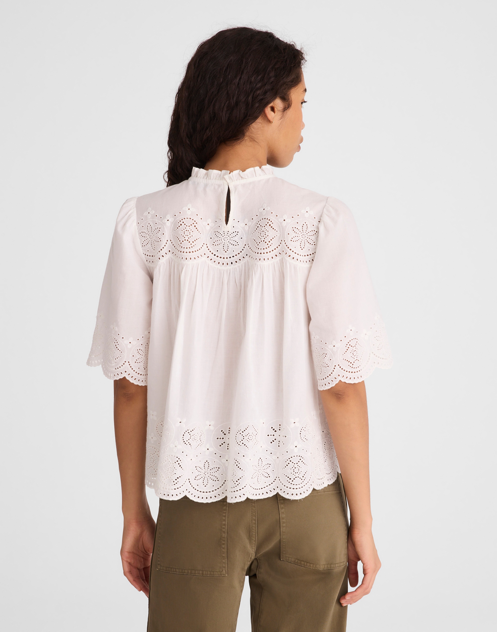Embroidered Pintuck High-Neck Top