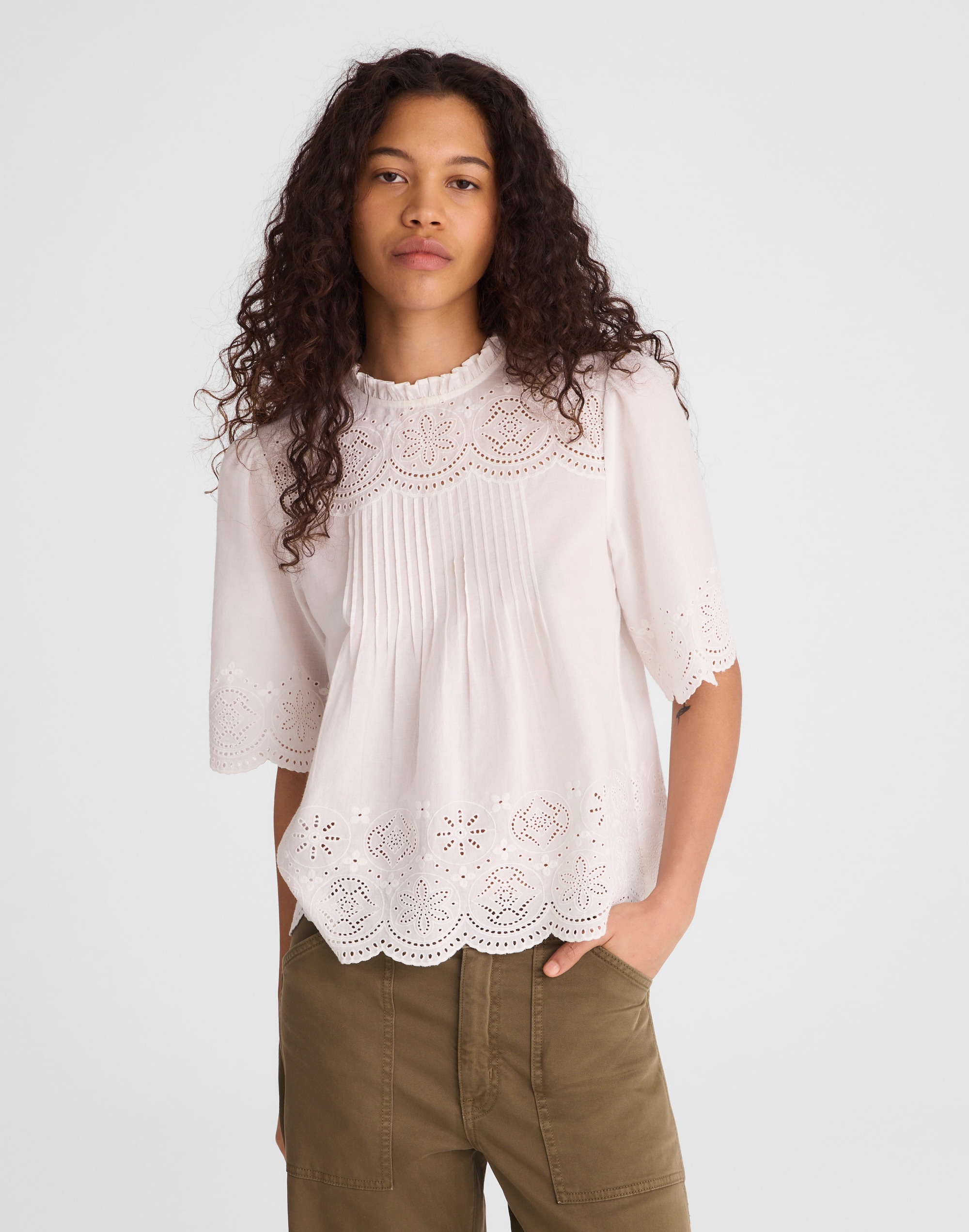 Embroidered Pintuck High-Neck Top