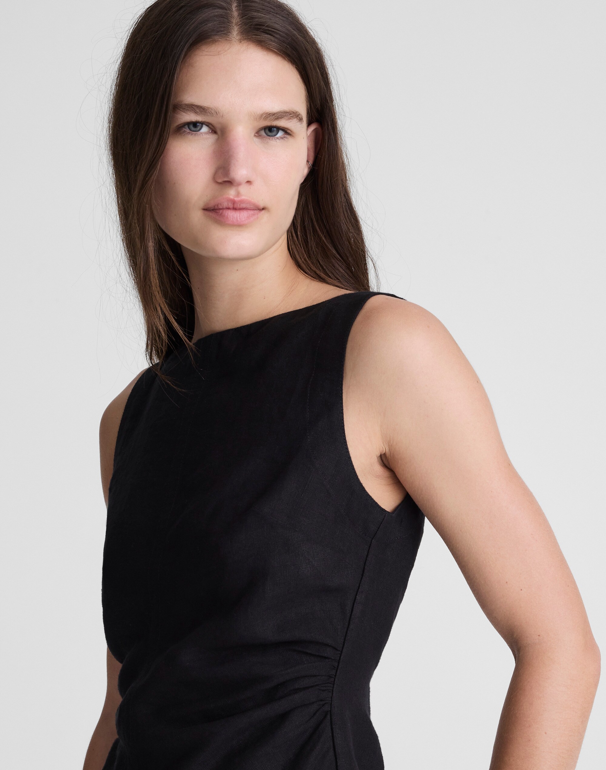 Cinched Boatneck Sleeveless Top in 100% Linen