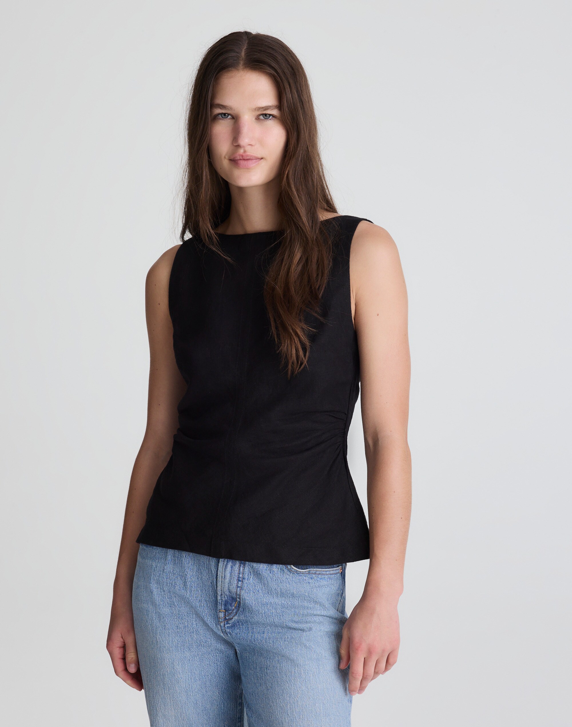 Cinched Boatneck Sleeveless Top in 100% Linen