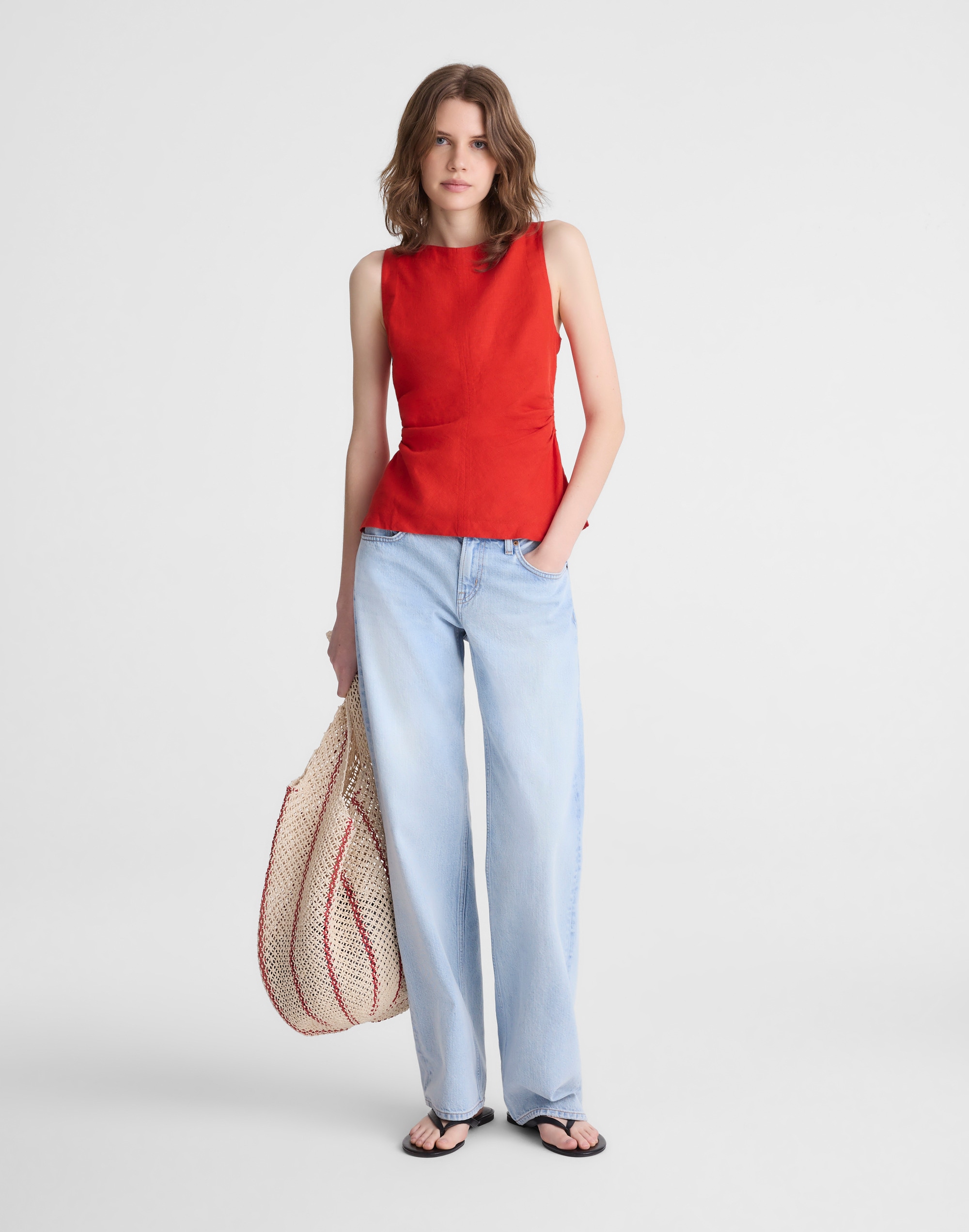 Cinched Boatneck Sleeveless Top in 100% Linen