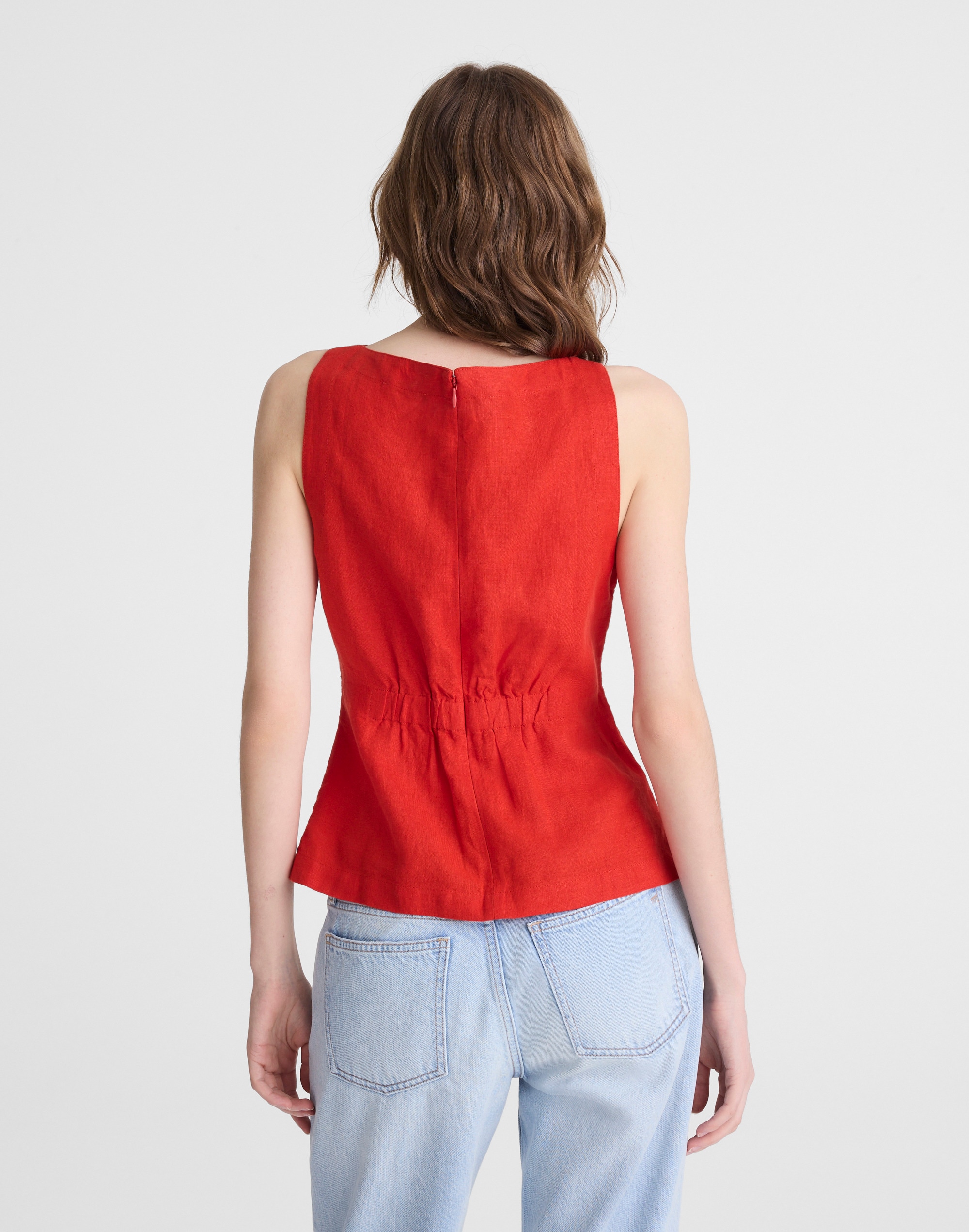 Cinched Boatneck Sleeveless Top in 100% Linen