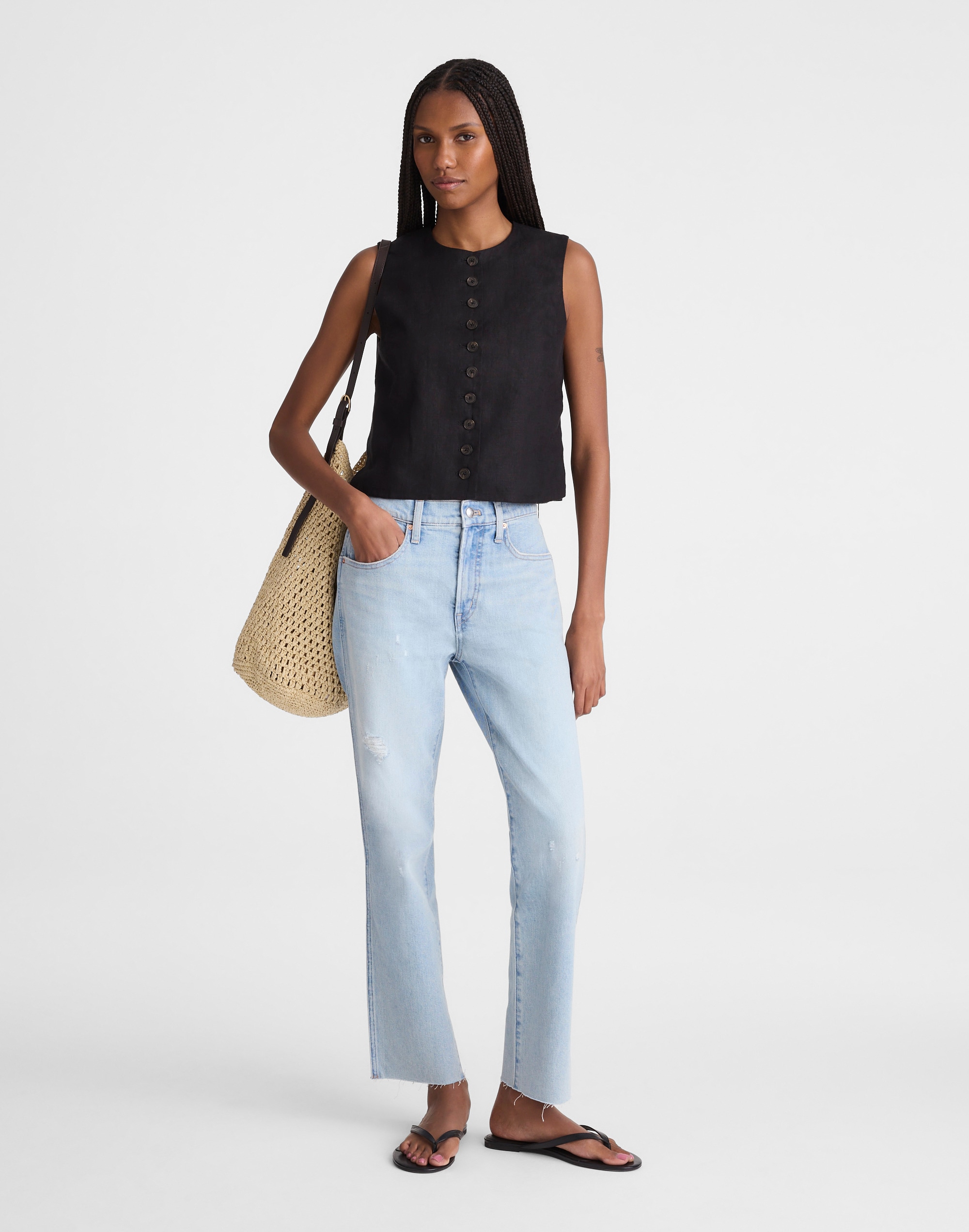 Button-Front Shell Top in 100% Linen
