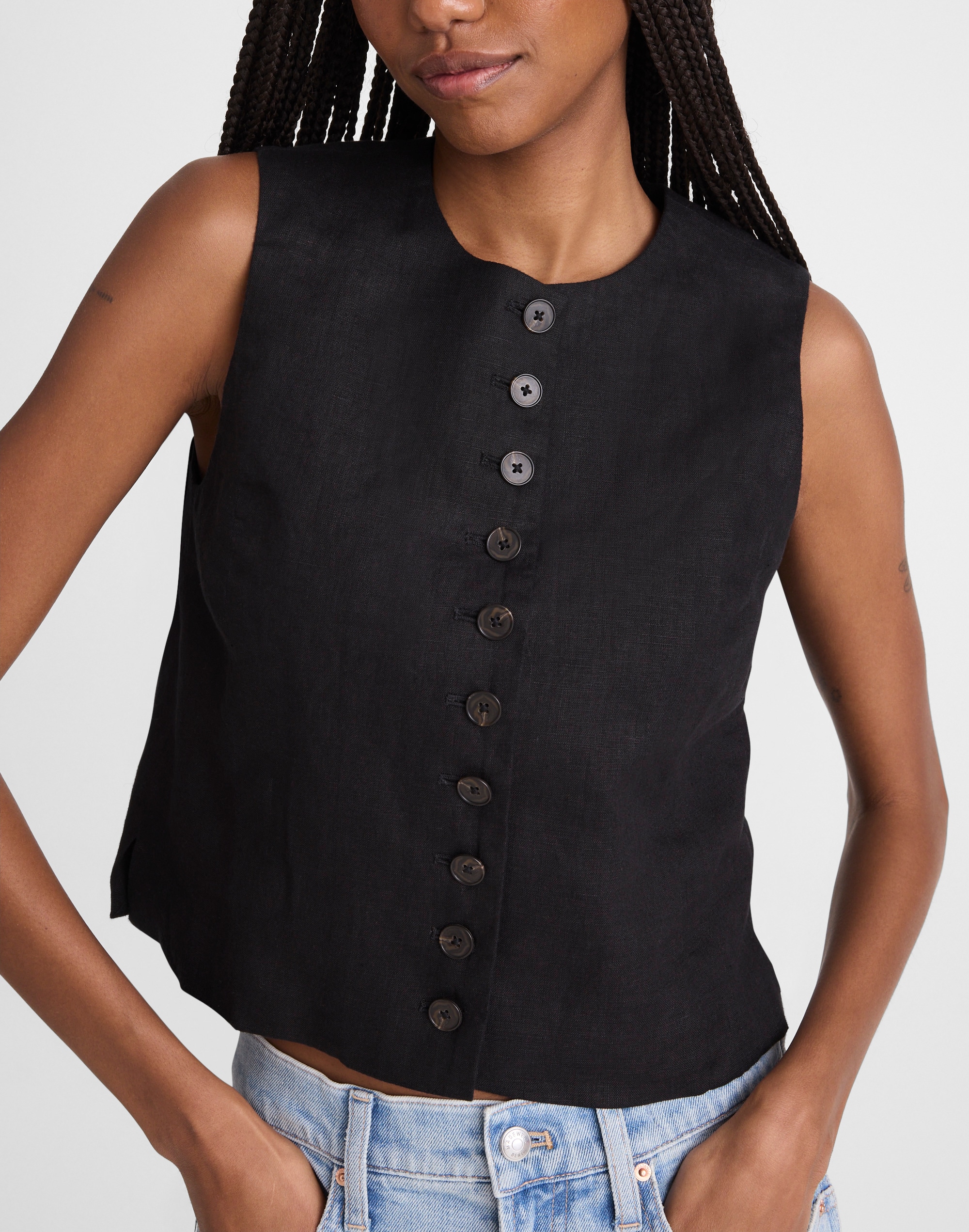 Button-Front Shell Top in 100% Linen