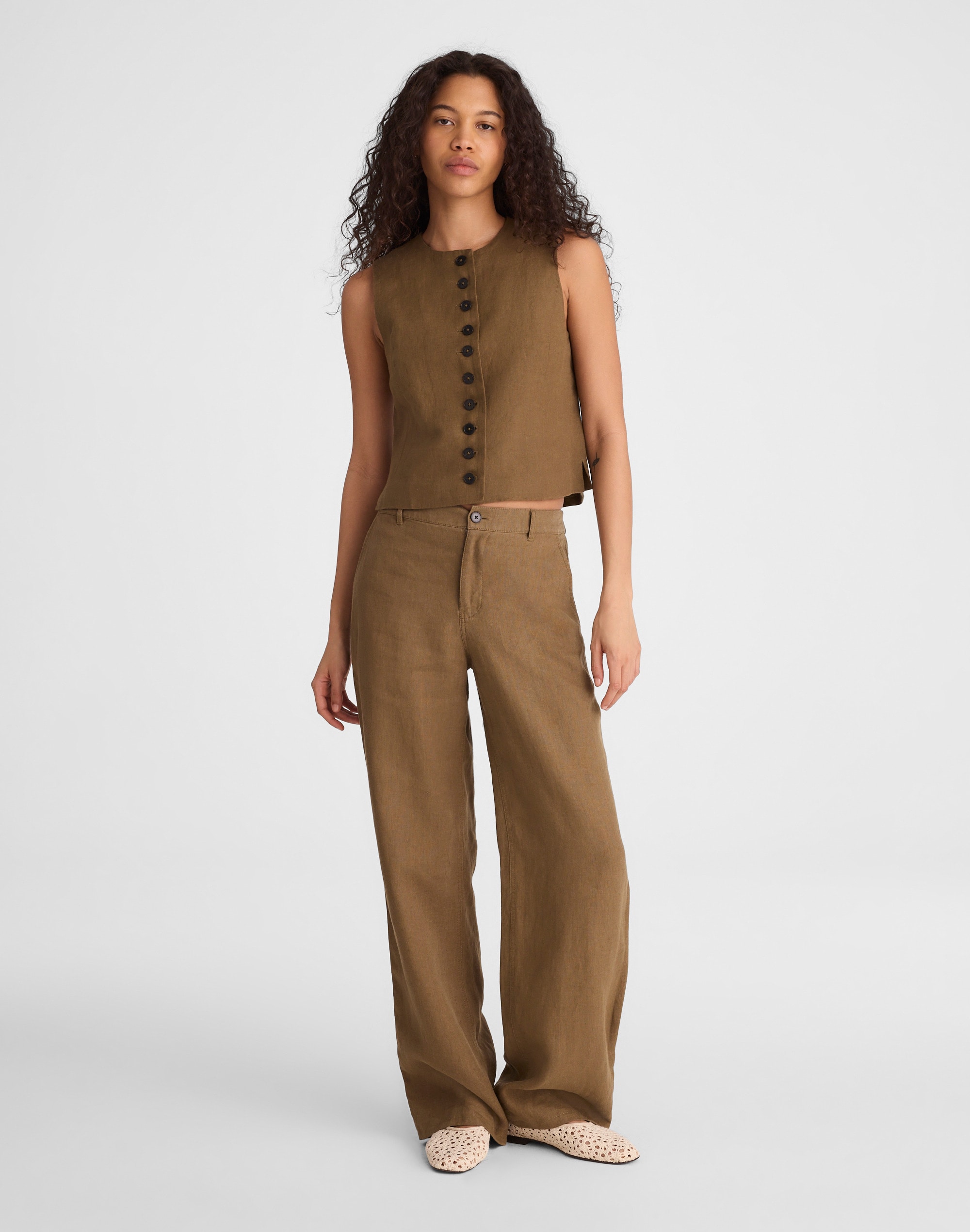 Button-Front Shell Top in 100% Linen