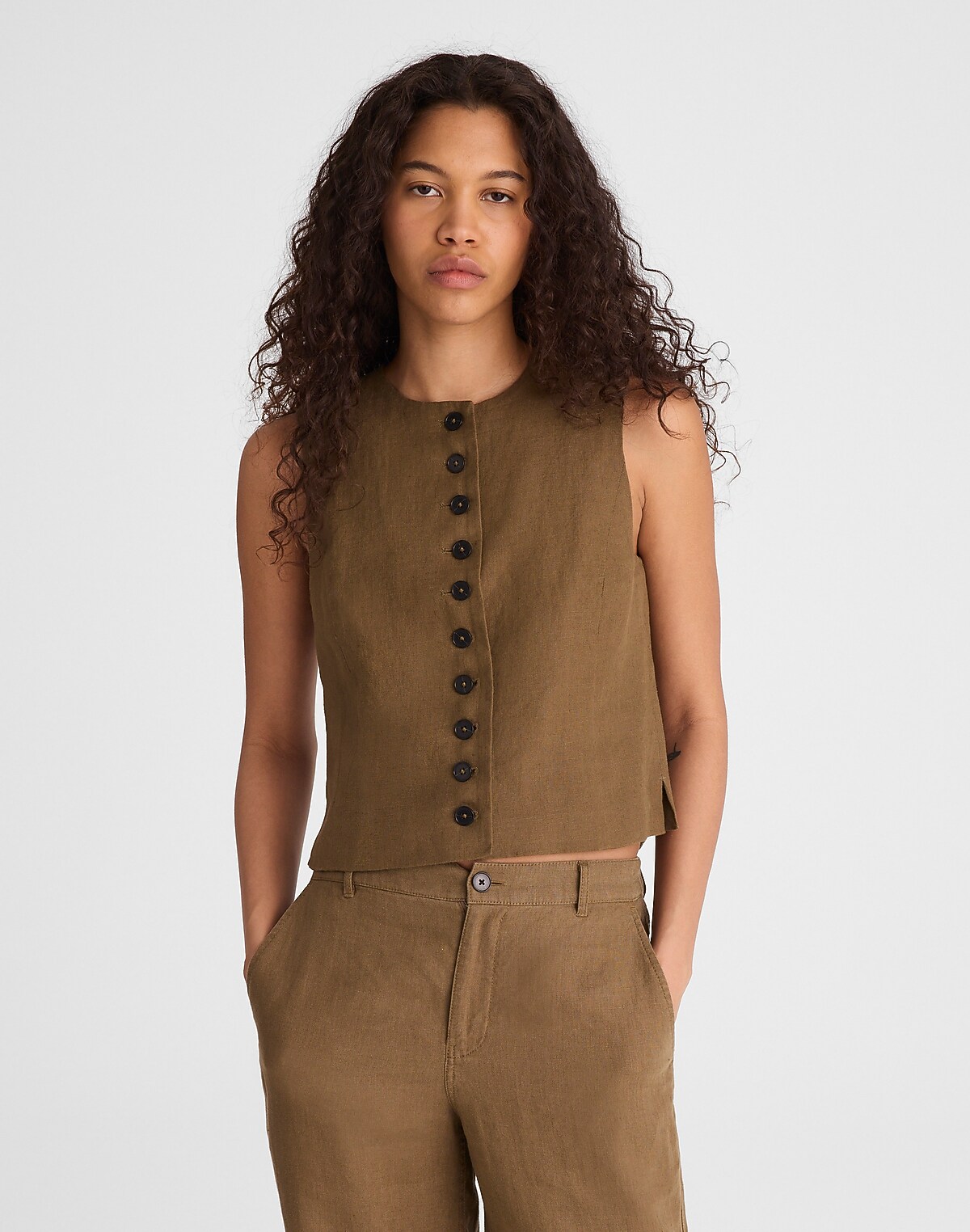 Button-Front Shell Top in 100% Linen