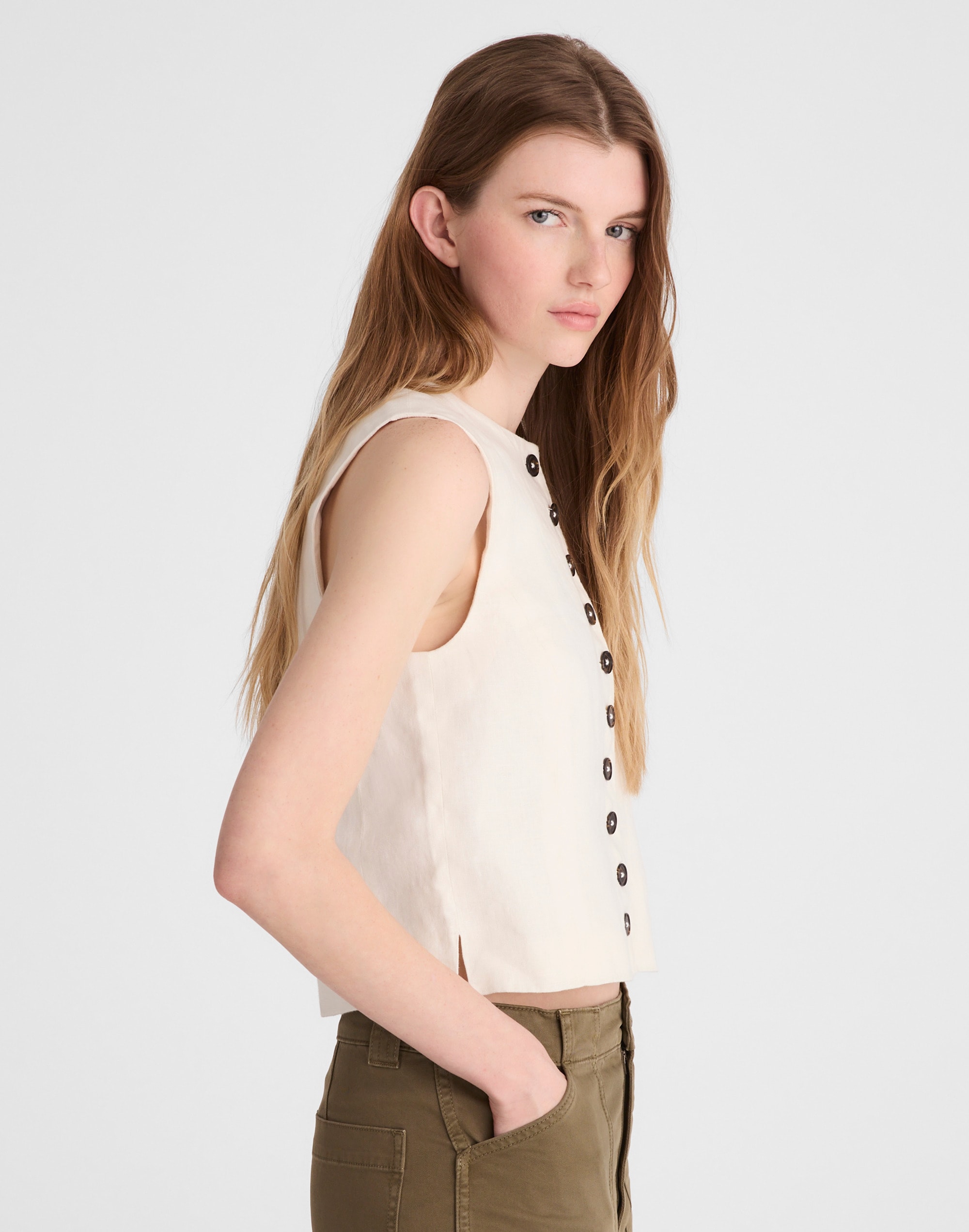 Button-Front Shell Top in 100% Linen