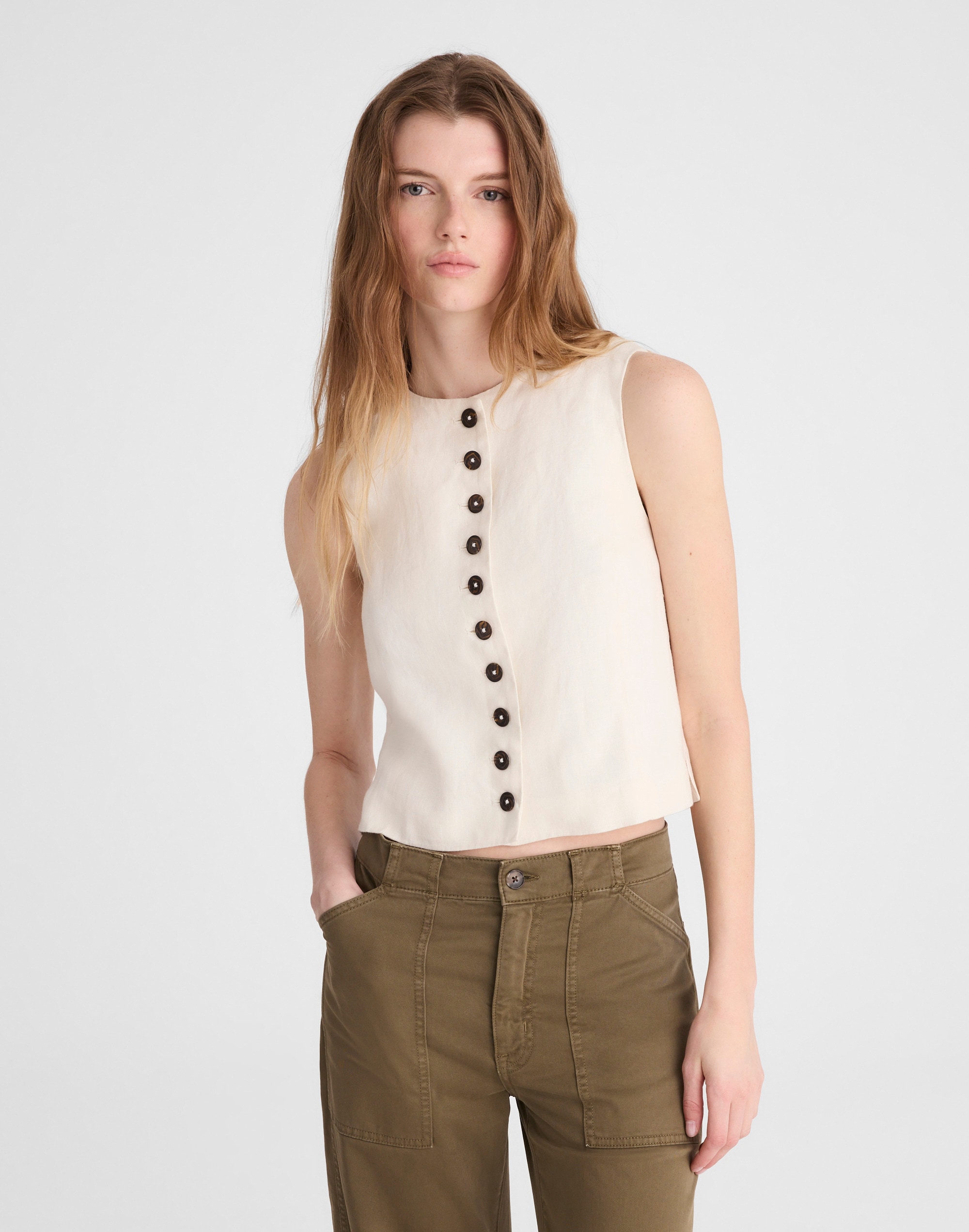 Button-Front Shell Top in 100% Linen
