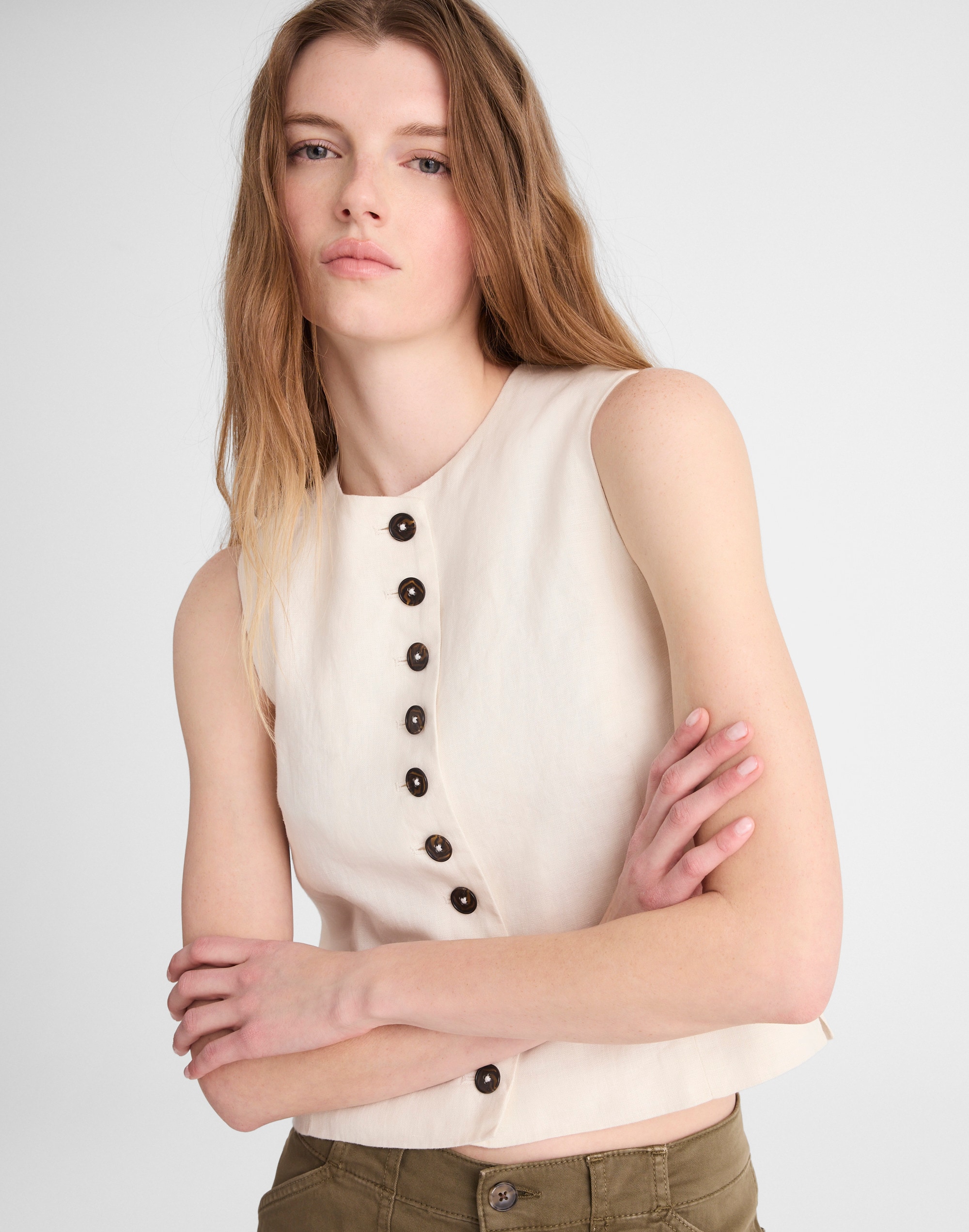 Button-Front Shell Top in 100% Linen