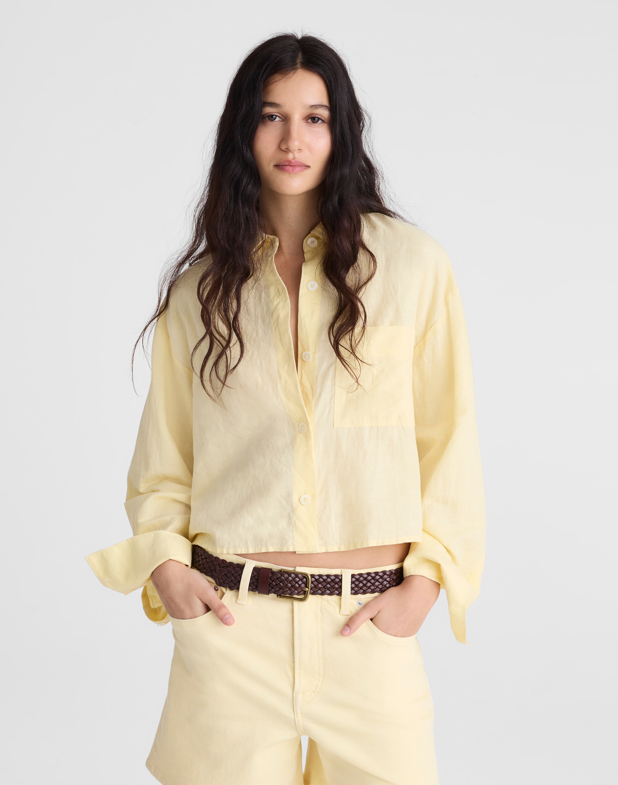 straight-hem shirt in linen-cotton blend