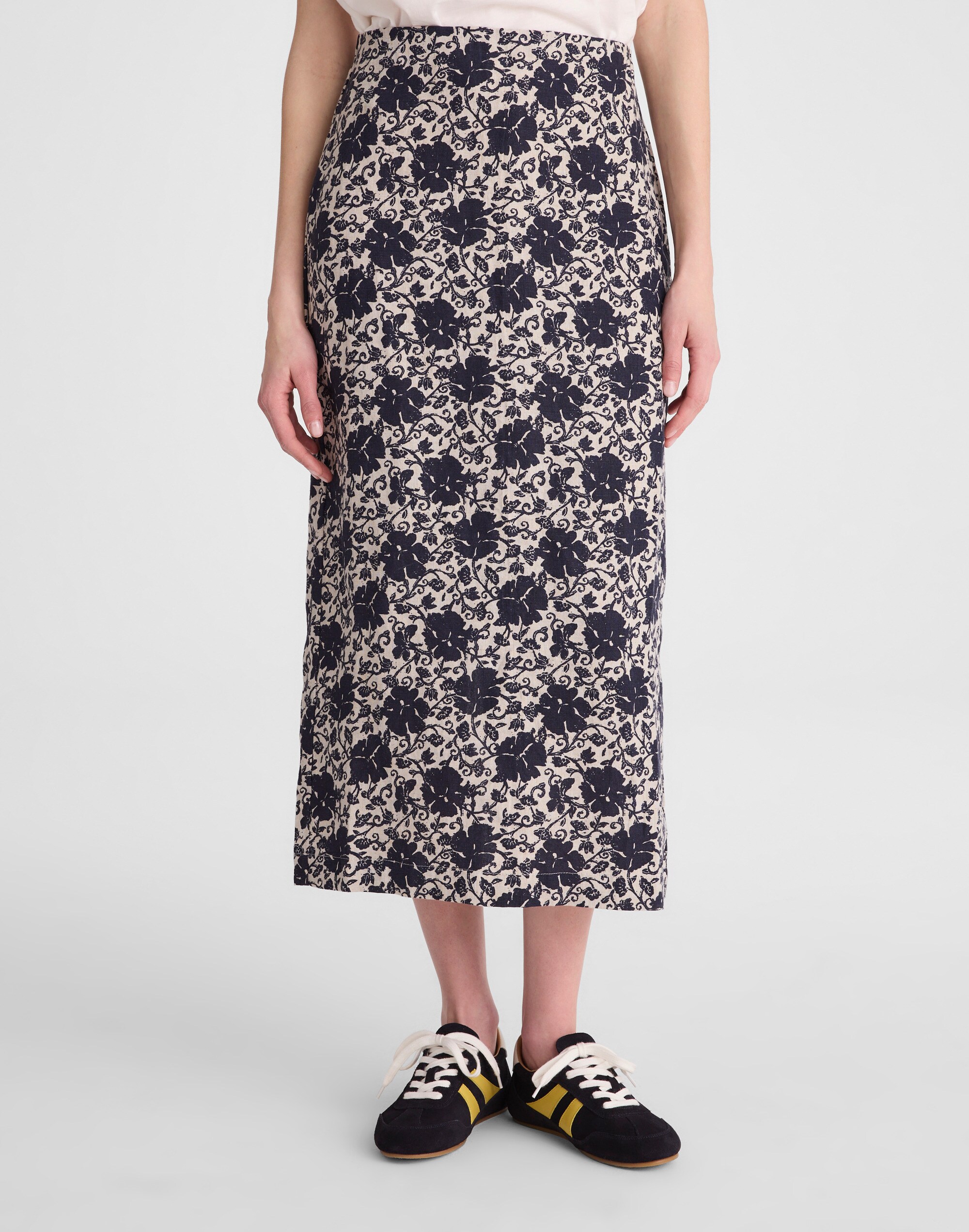 Pull-On Midi Skirt in Floral-Print Linen