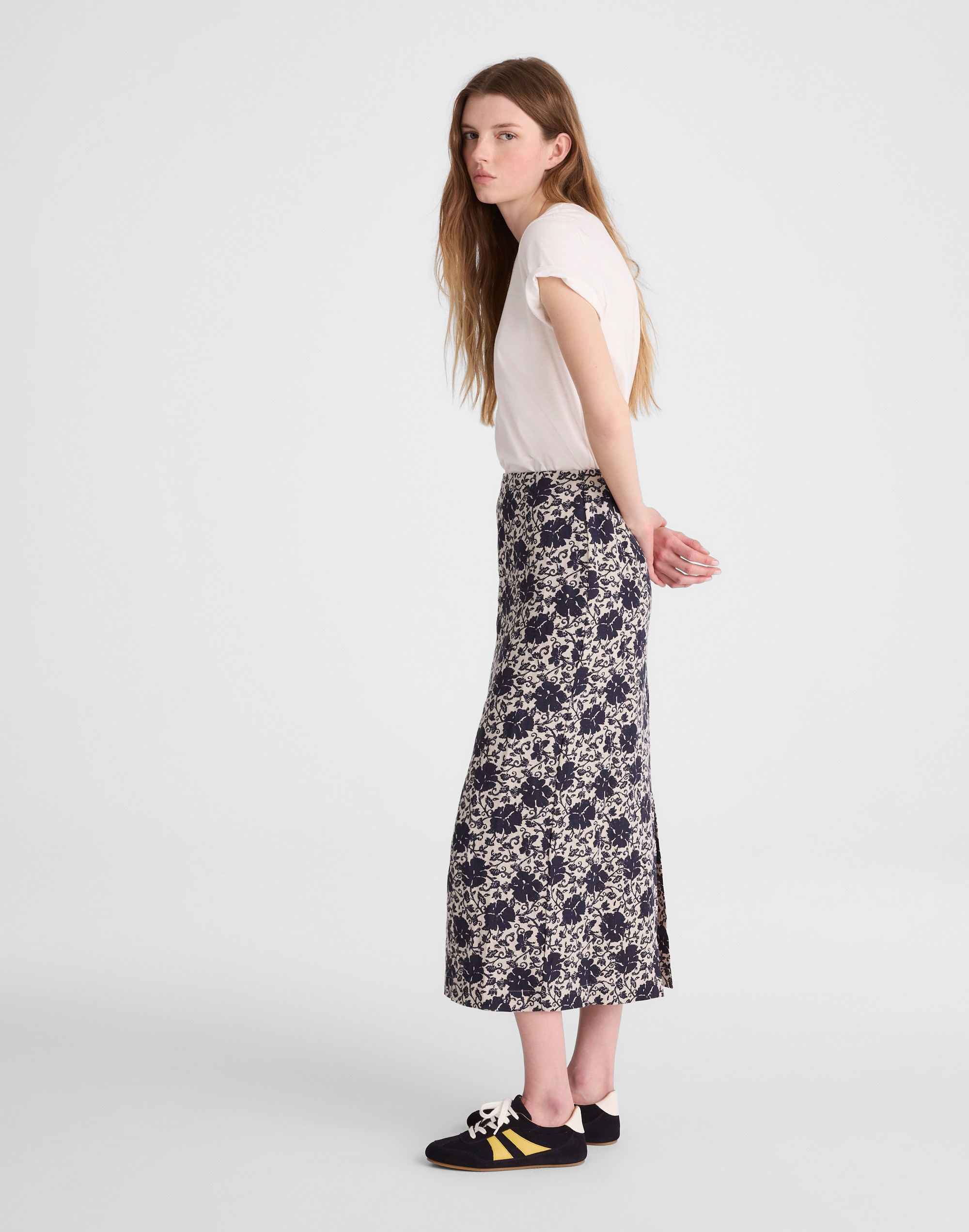 Pull-On Midi Skirt in Floral-Print Linen
