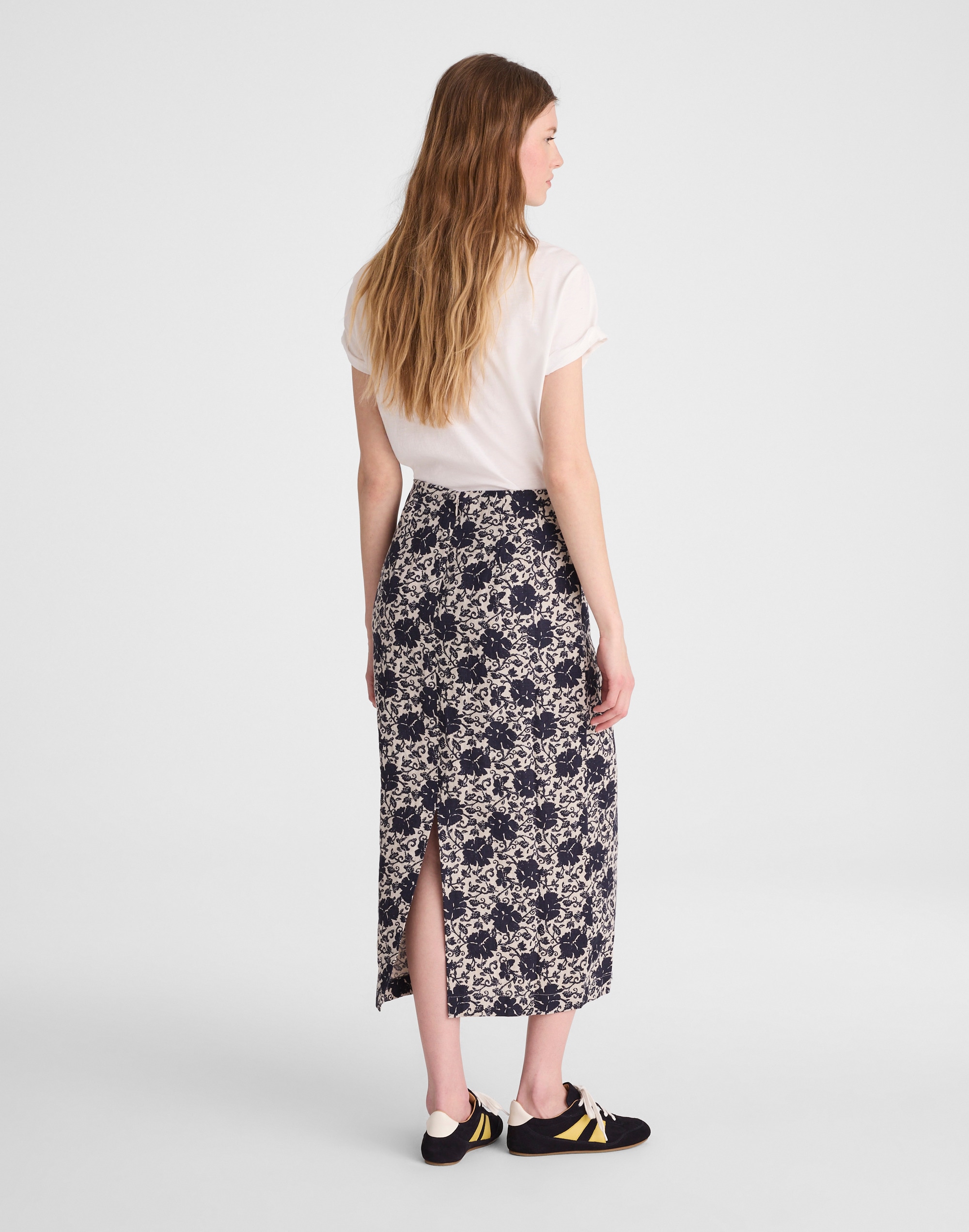 Pull-On Midi Skirt in Floral-Print Linen