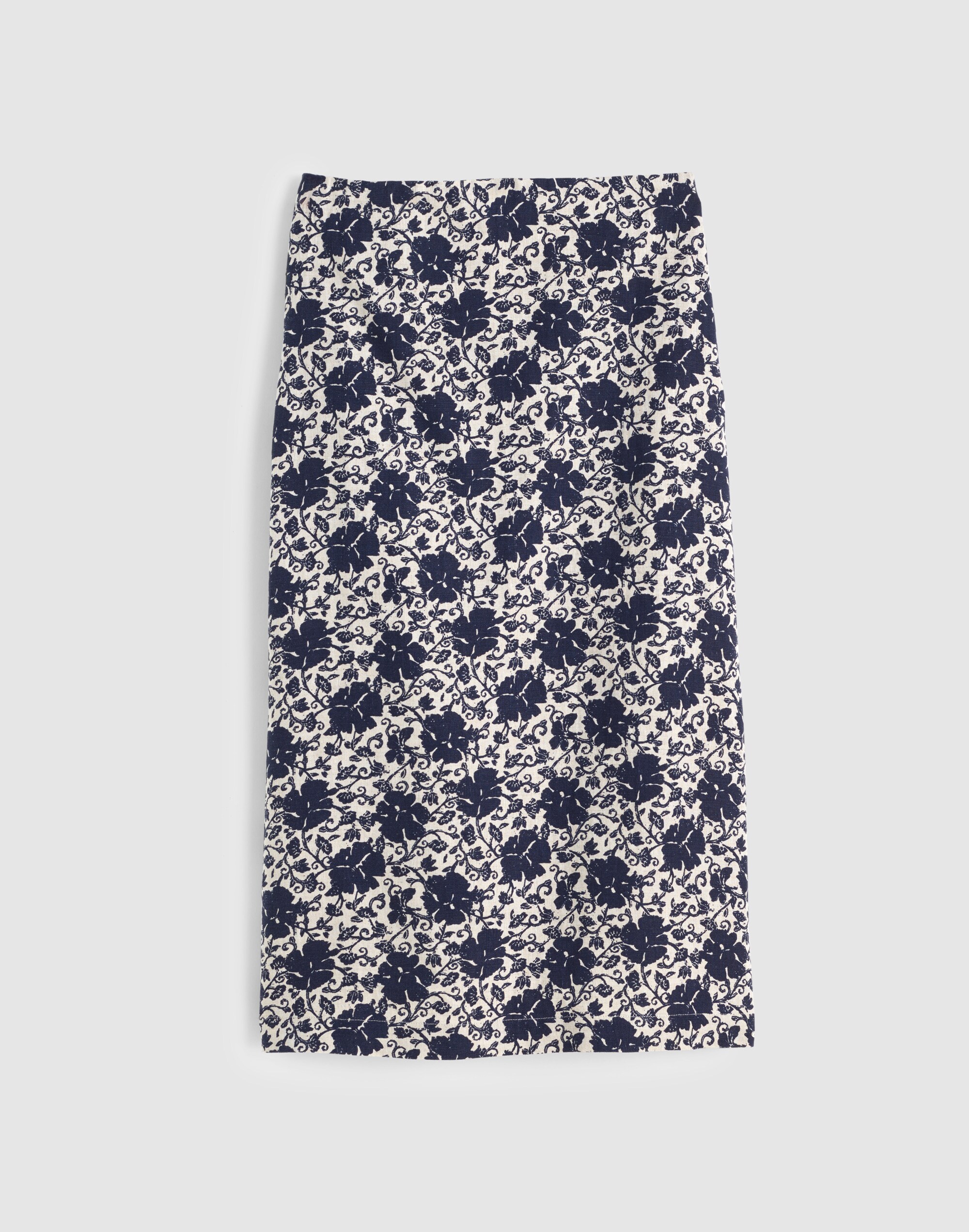 Pull-On Midi Skirt in Floral-Print Linen