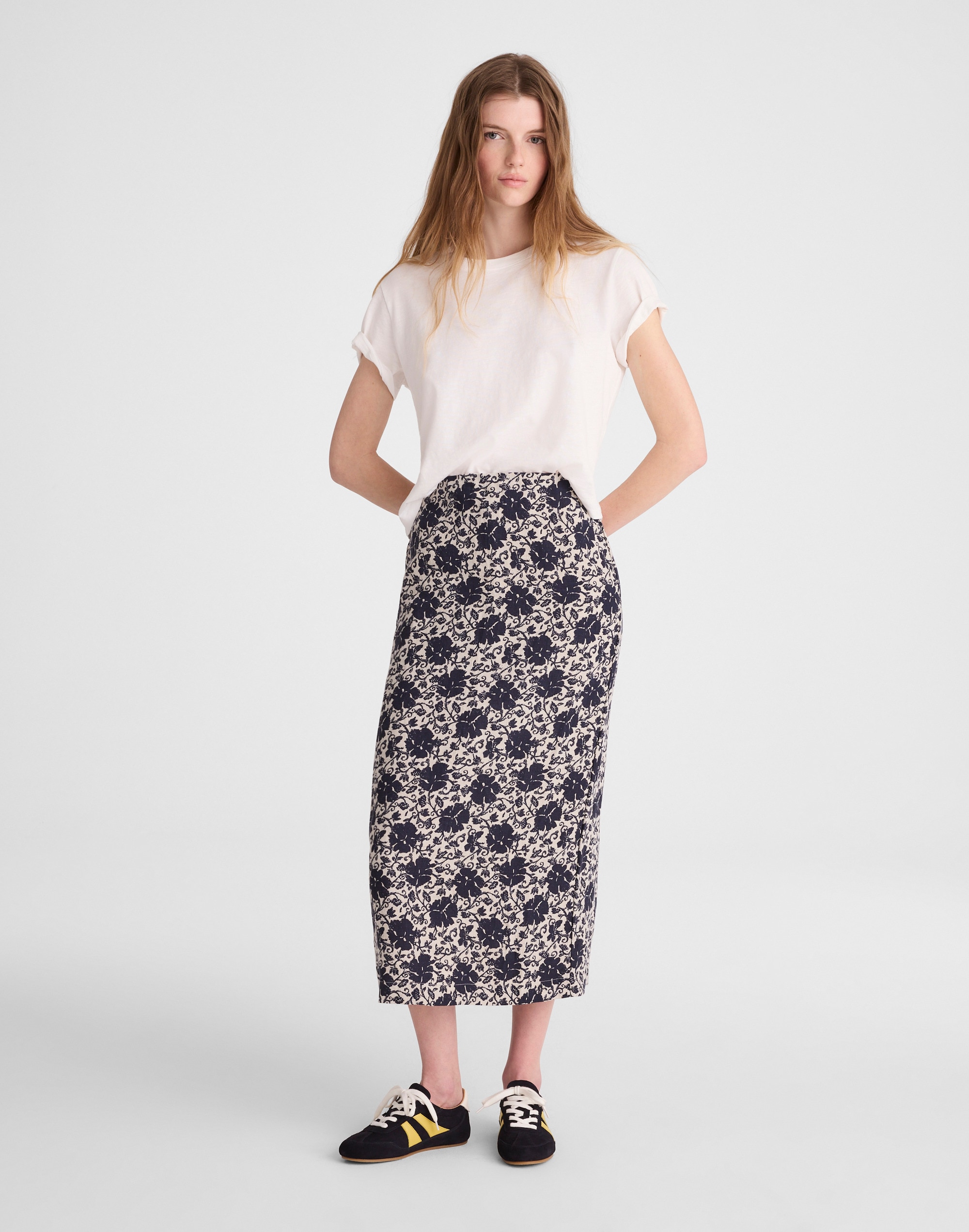 Pull-On Midi Skirt in Floral-Print Linen