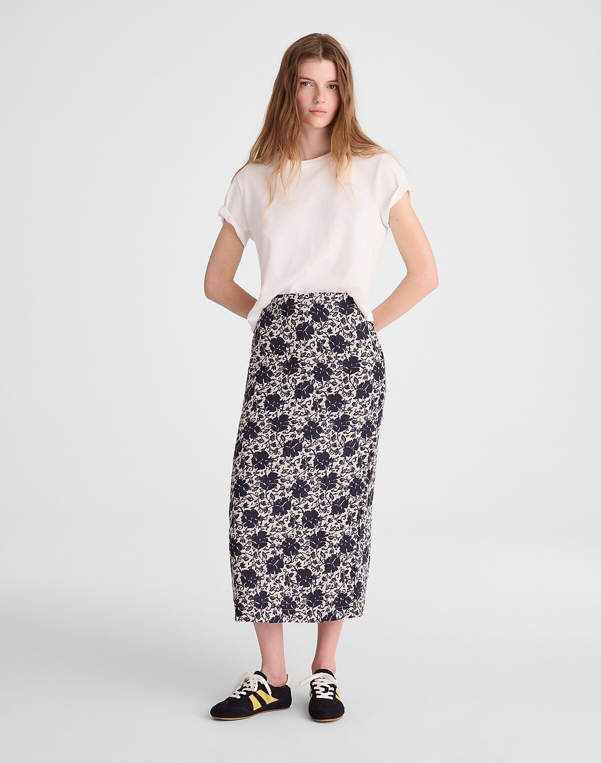 Pull-On Midi Skirt in Floral-Print Linen