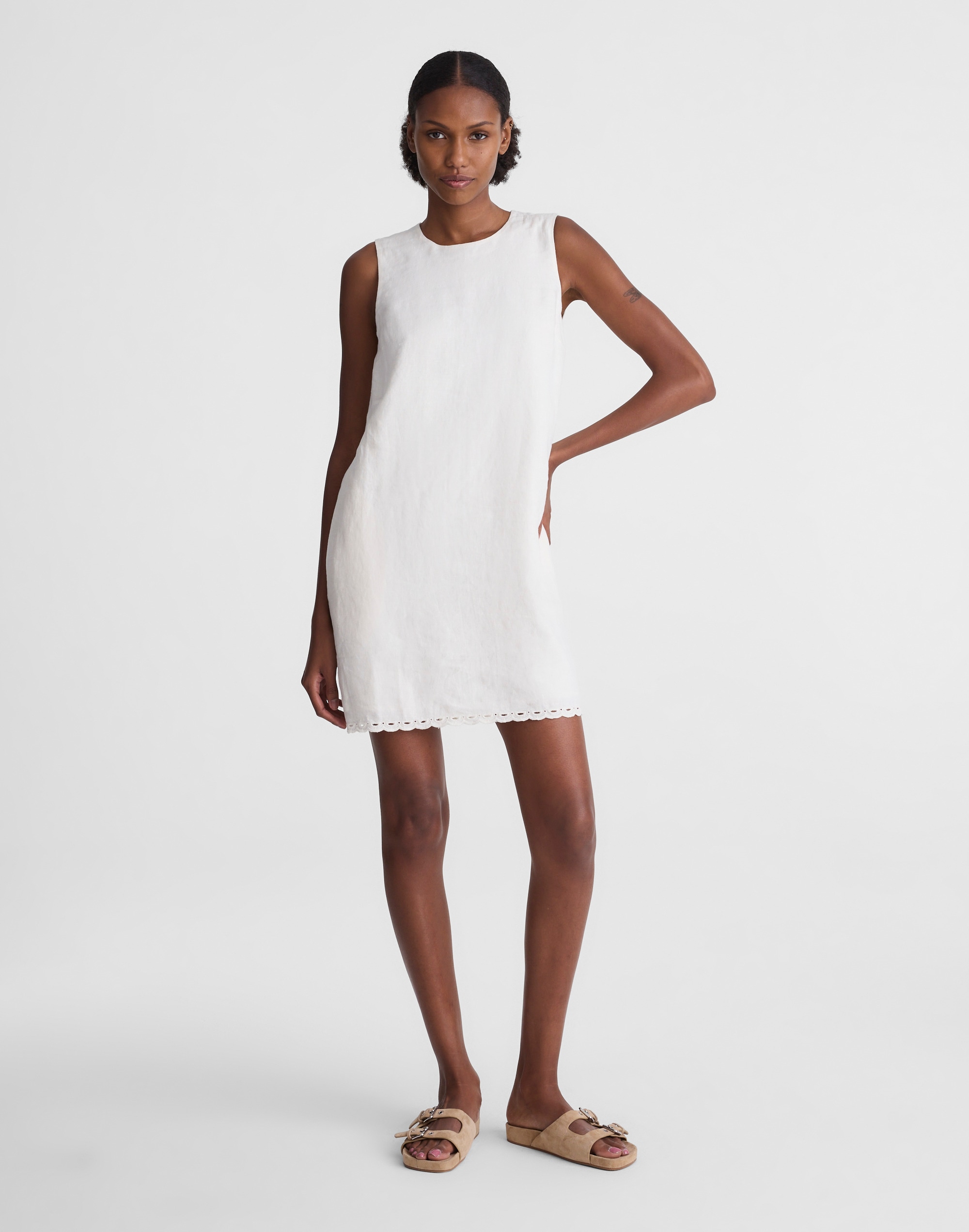 embroidered mini shift dress in 100% linen